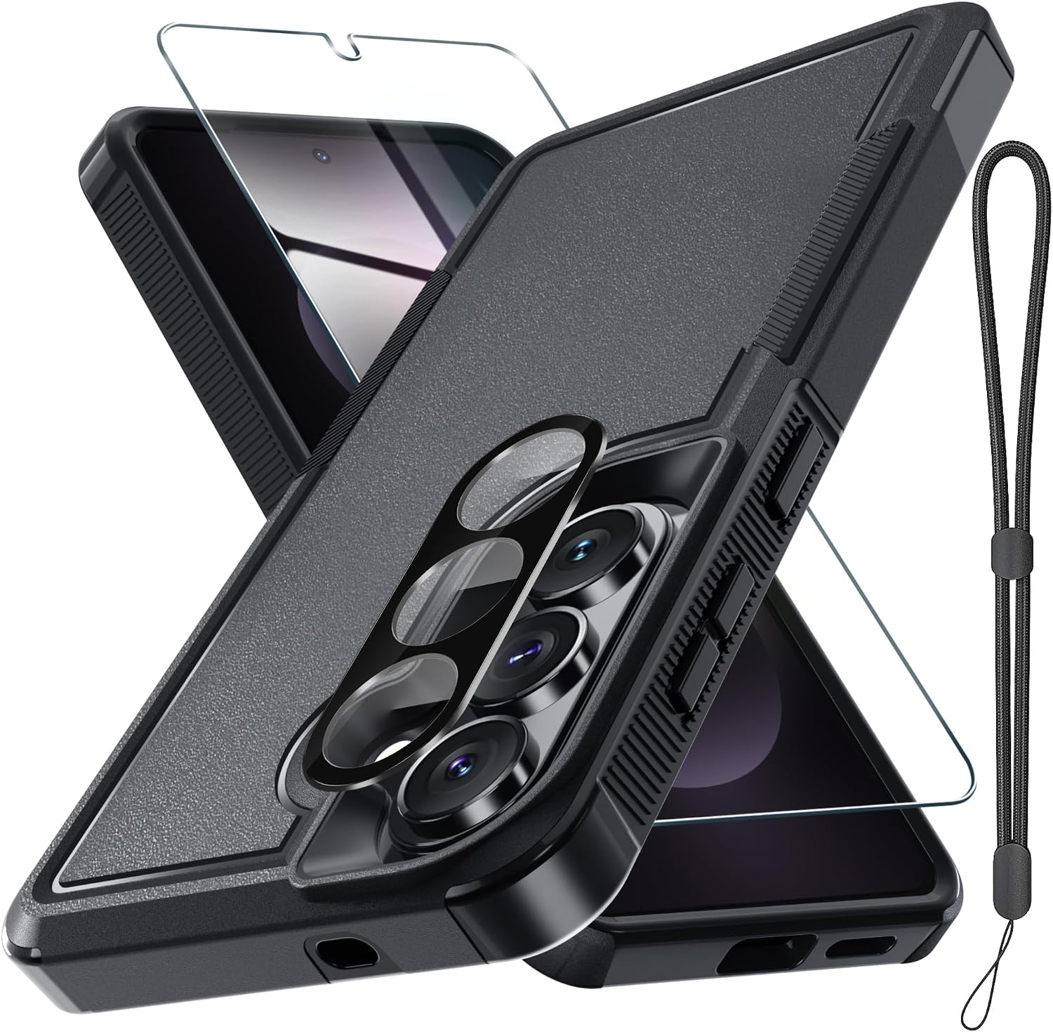 Detalle de Samsung Galaxy S26 dual-layer rugged case with screen protector and camera lens cover (black matte) with wrist lanyard