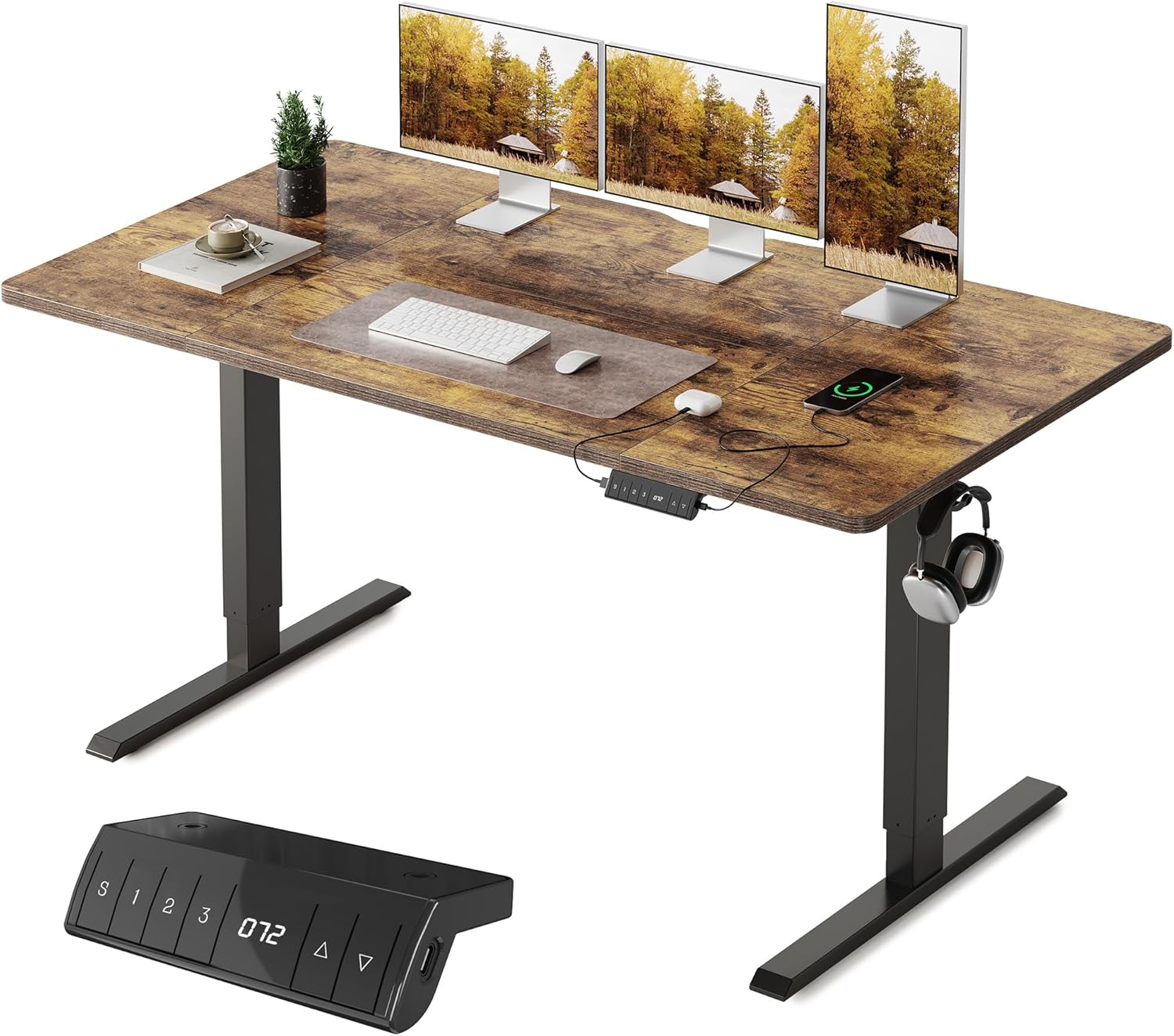 Detalle de FEZIBO Höhenverstellbarer Schreibtisch 160 x 80 cm – elektrisch, USB-A/USB-C, FSC-Holz, Braun