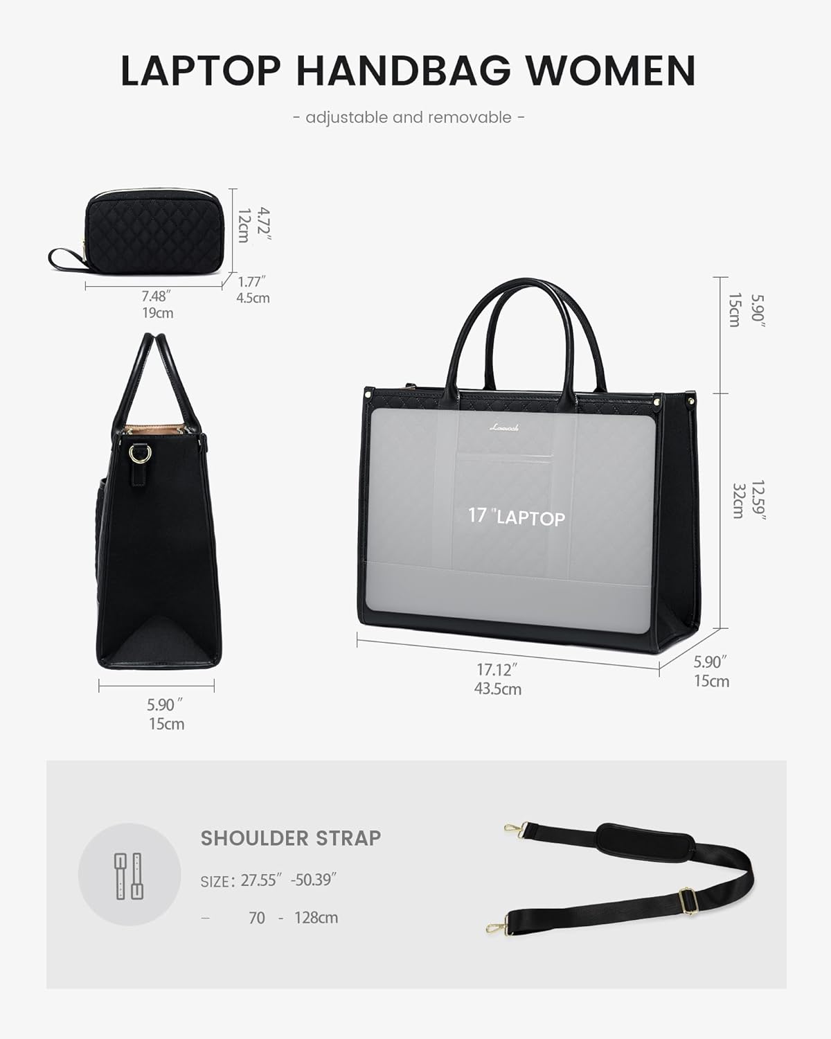 Detalle de LOVEVOOK 17-inch Laptop Tote Bag with Adjustable Straps & Clutch, Black