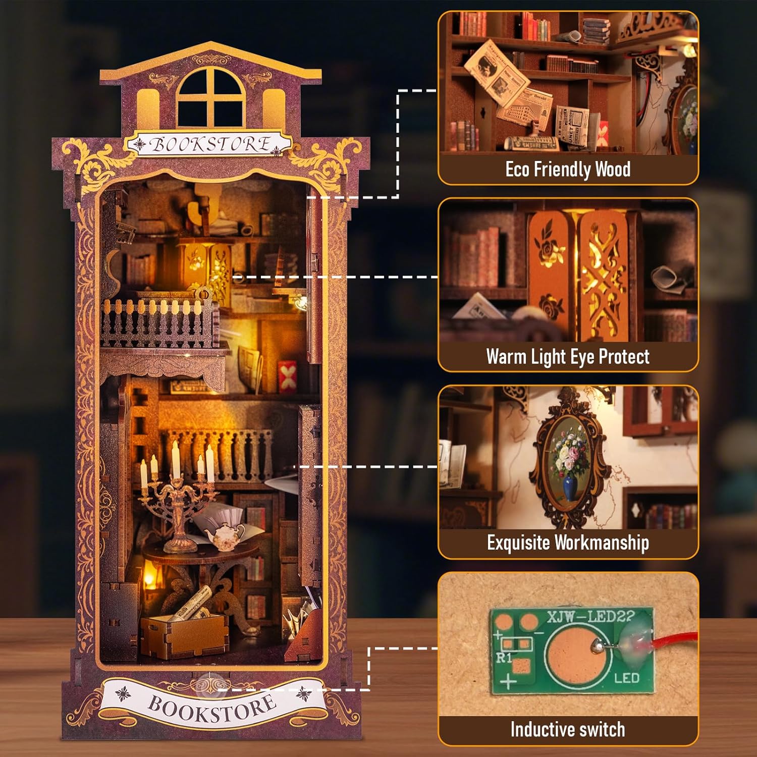 Thumbnail 5 de Fimeetoy Book Nook Kit for Adults & Teens with LED Light (DIY Miniature House Shelf Decor)
