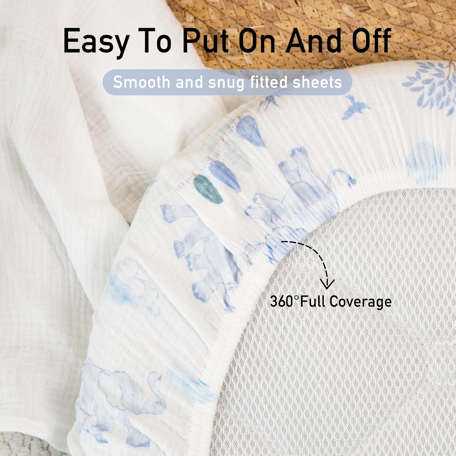 Detalle de GLLQUEN BABY 3er-Pack Musselin-Spannbettlaken für Laufgitter – 83 x 43 x 10 cm, blau