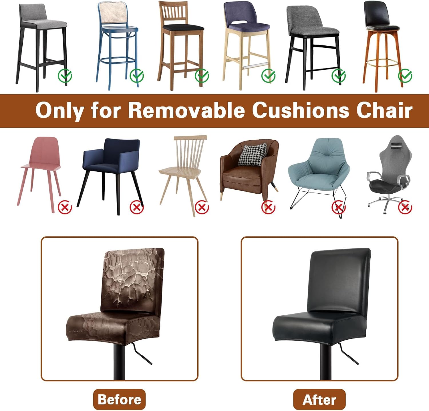 Detalle 1 de WUSOUPU WS Barstool Chair Covers, 6-Pack Washable Waterproof Covers with Backs