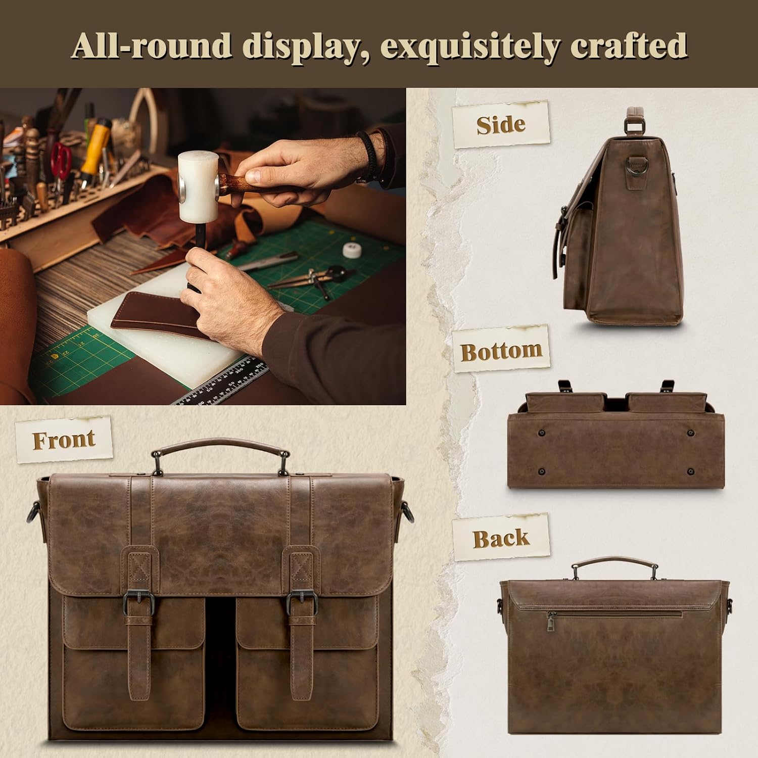 Detalle de RAINSMORE Aktentasche Herren PU-Leder – wasserdichte 15,6 Zoll Laptoptasche, edle Umhängetasche für Büro und Uni