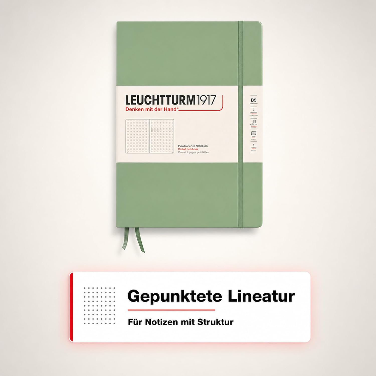 Detalle 2 de LEUCHTTURM1917 366172 anteckningsbok B5, inbunden, prickad och salviagrön