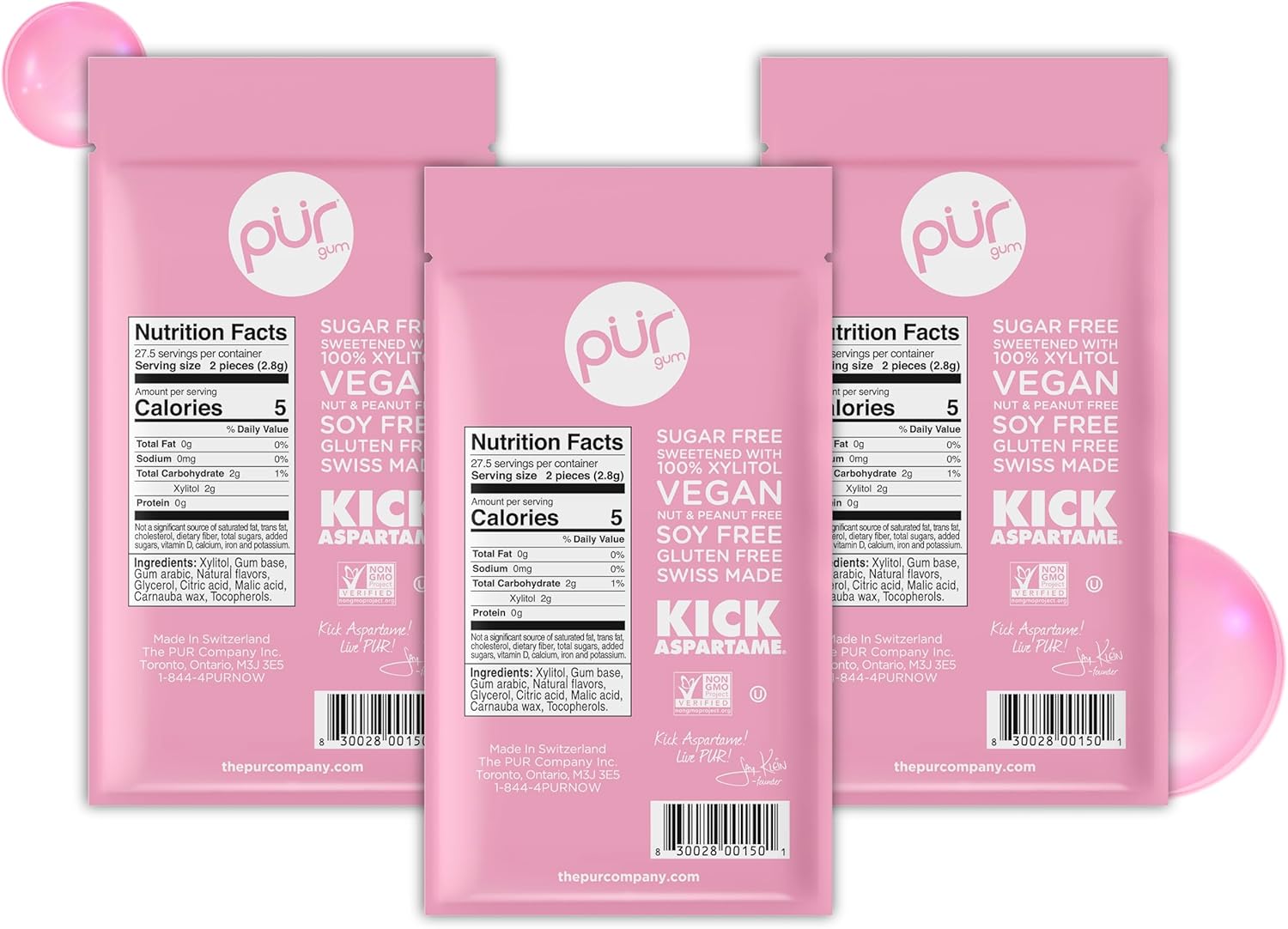 Detalle de PUR Gum: Gomma Da Masticare Senza Zucchero, Bubblegum, 55 pezzi (Confezione da 3) - Vegana e Senza Glutine