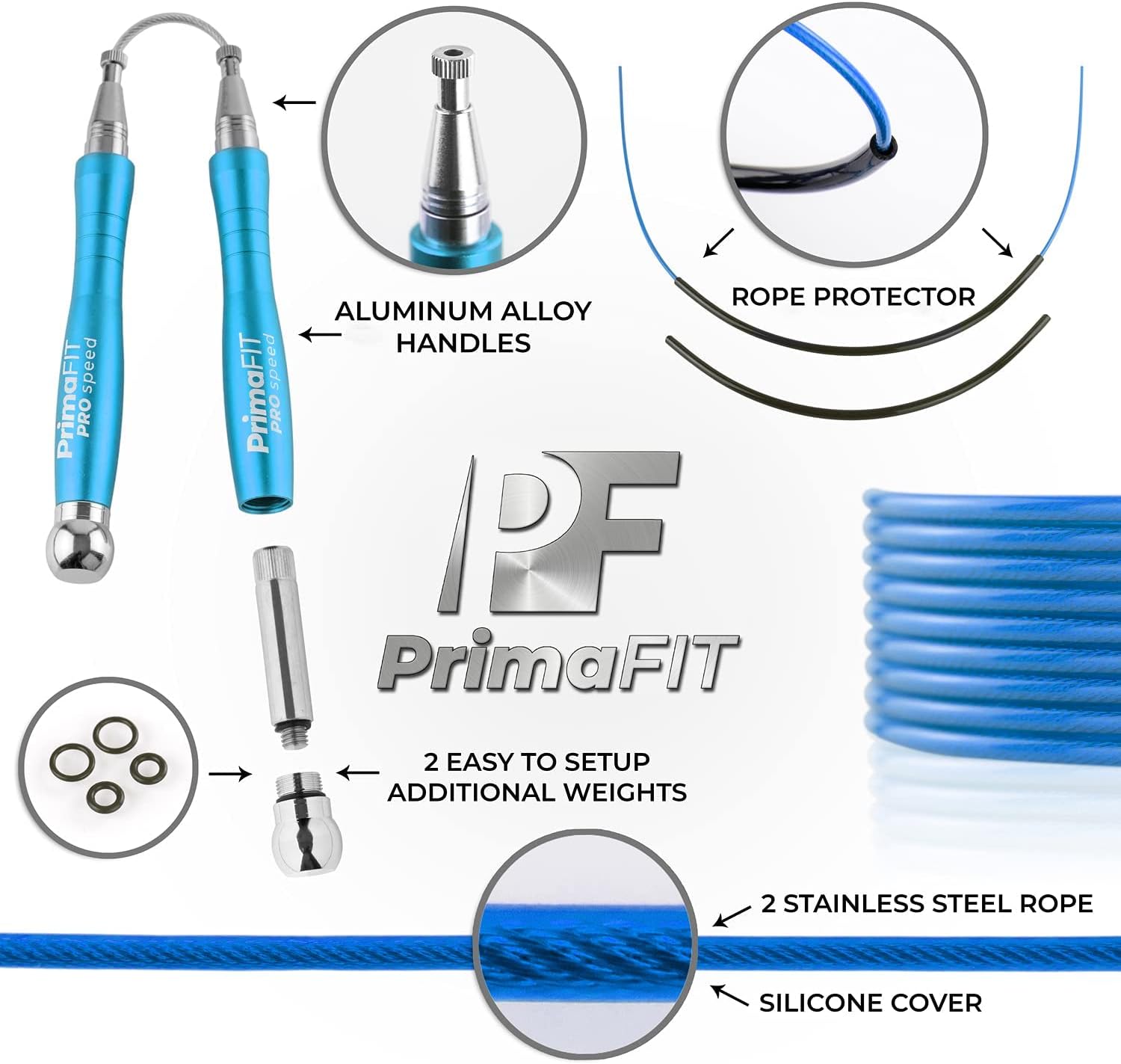 Detalle 2 de PrimaFIT Pro Speed corde à sauter crossfit lestée réglable (aluminium) pour sport et HIIT