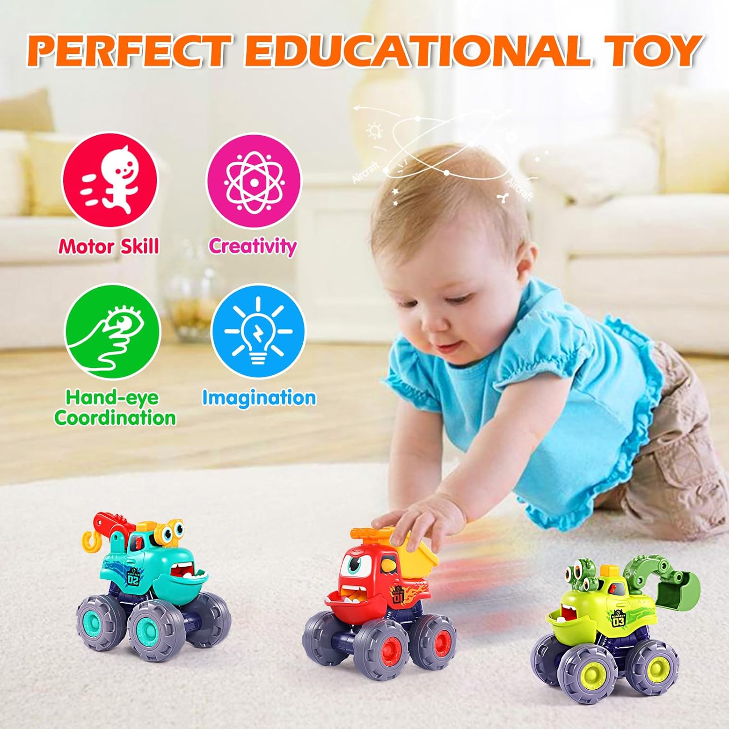 Detalle de OCATO Monster Truck Toys (Pull-Back Construction Vehicles) for Boys Ages 1–3
