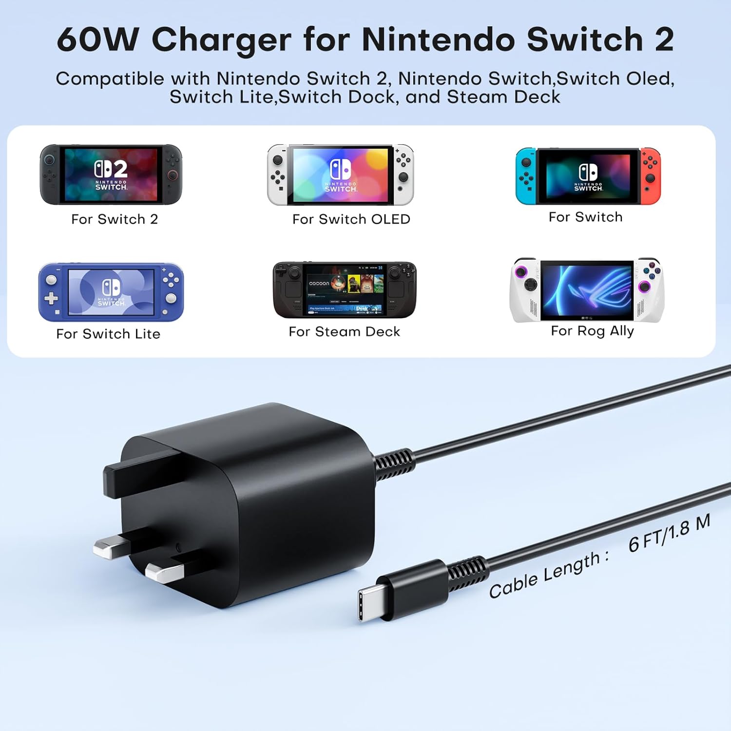 Thumbnail 5 de TYW 60W Fast Charging AC Adapter for Nintendo Switch 2 with 2m USB-C Cable