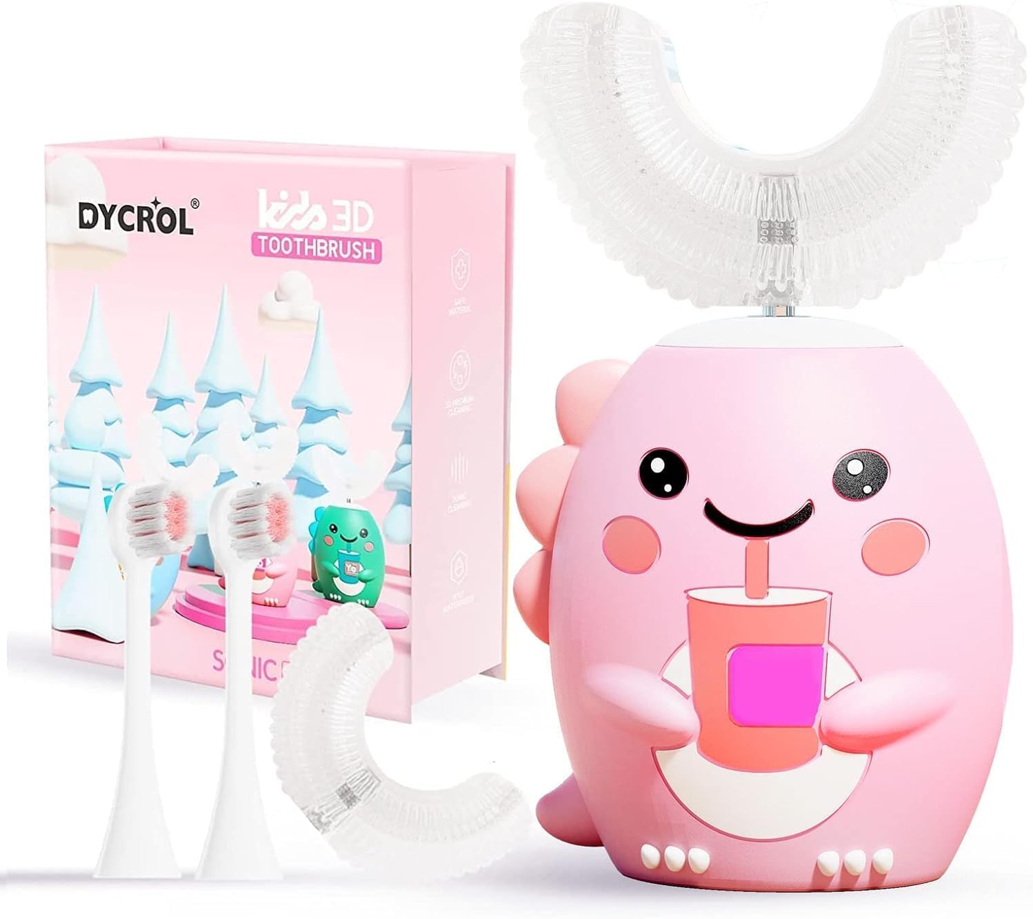 DYCROL Kids U Shaped Electric Toothbrush with 4 Brush Heads (Pink) for Ages 2-6