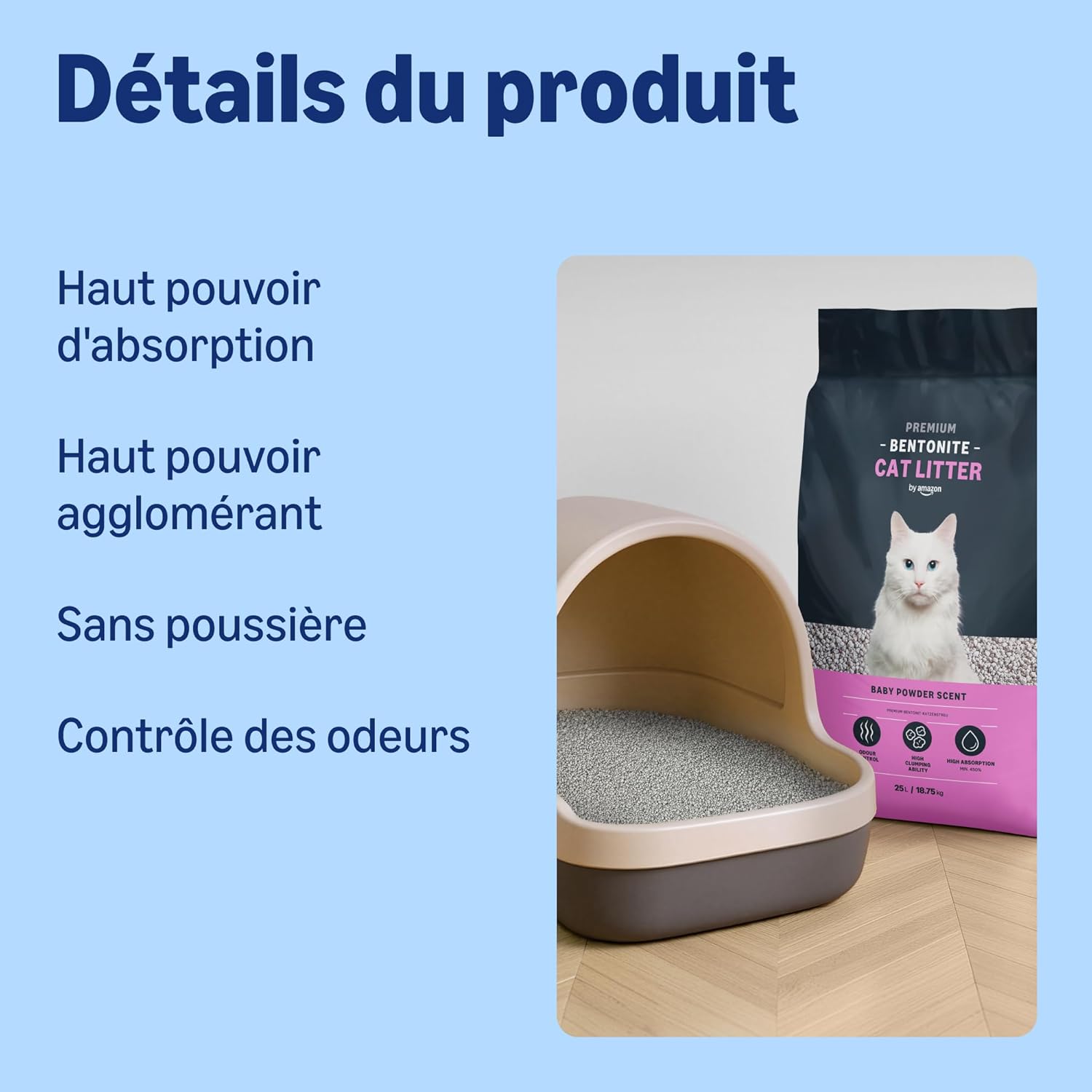 Detalle de By Amazon Litière Premium pour Chat – Bentonite, parfum Talc, 25L (1 paquet)