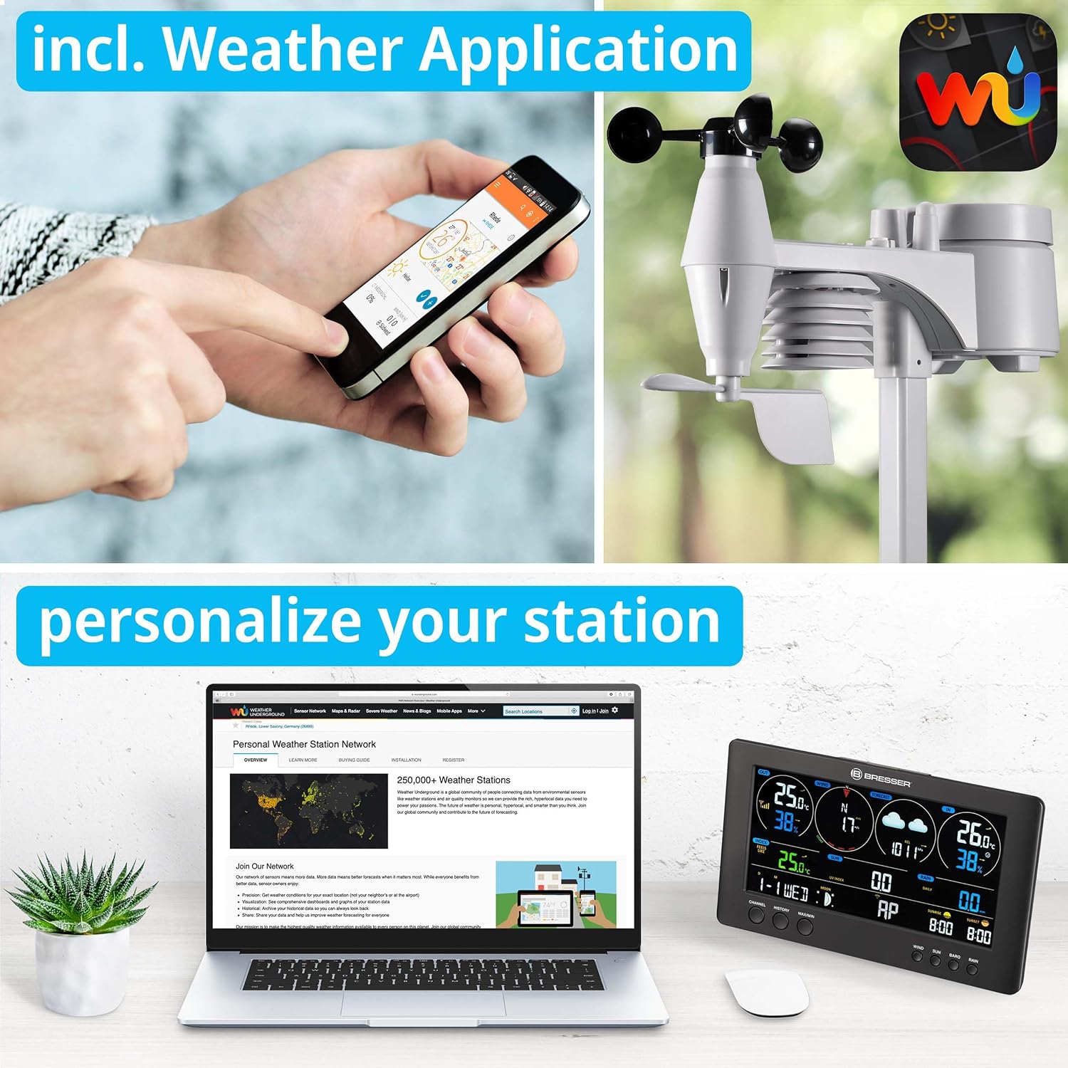 Detalle 2 de Bresser Wetterstation Funk 7-in-1 Profi-Sensor mit WLAN – ClearView Basisstation inklusive Außensensor