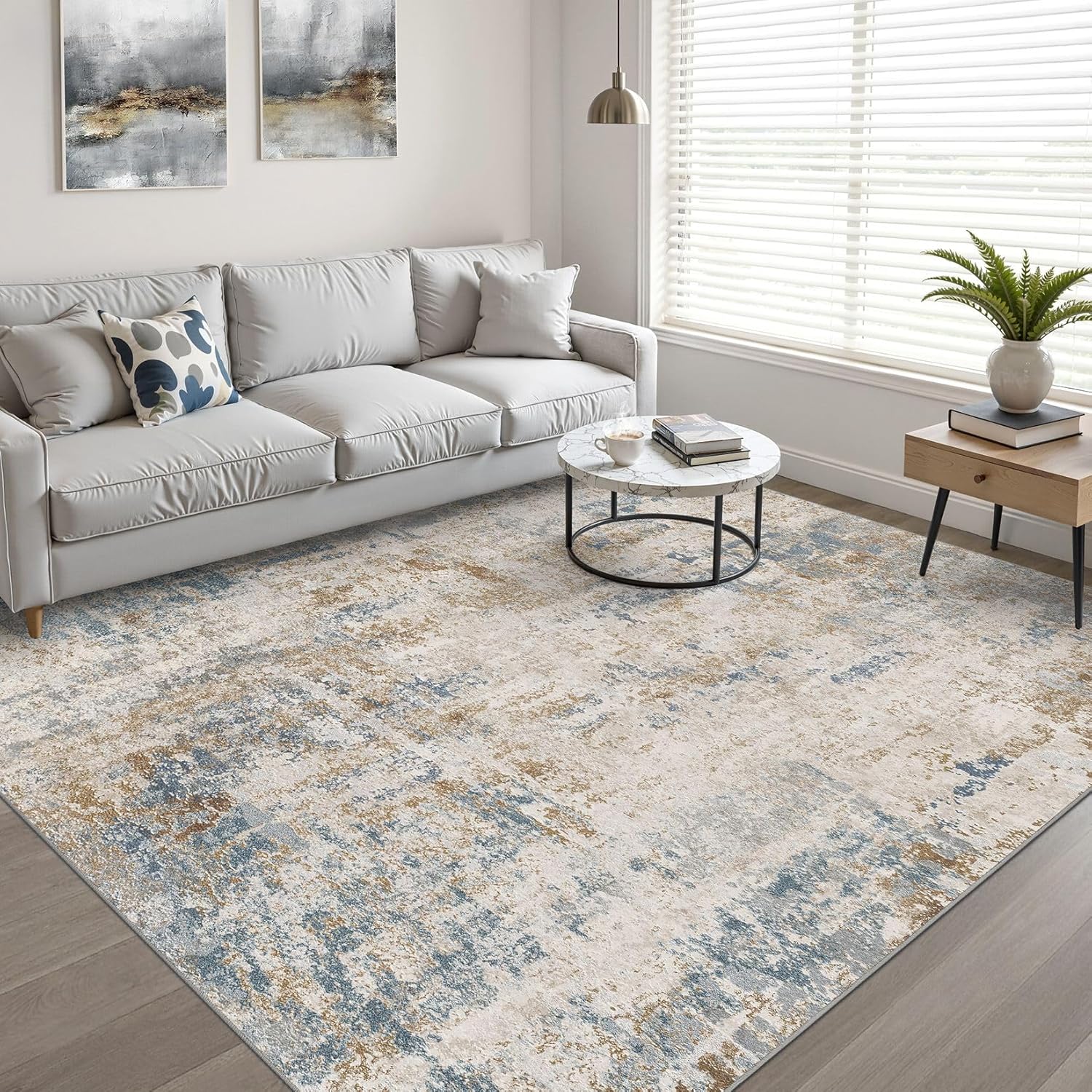 Thumbnail 5 de 7x9 Area Rug Living Room: Washable Large Neutral Rug in Blue/Brown