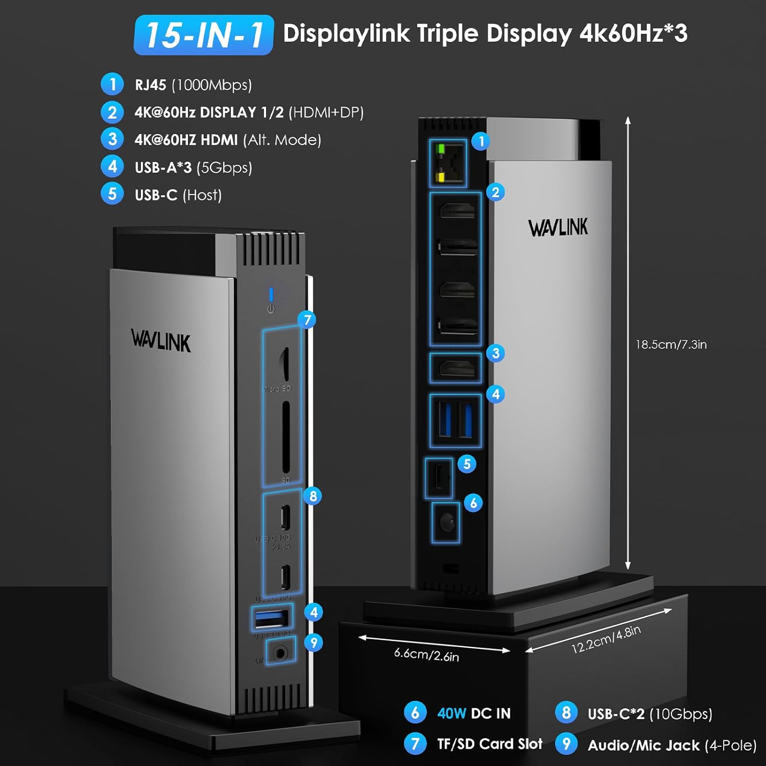 Thumbnail 1 de Wavlink USB C Laptop Docking Station with 3 HDMI (DisplayLink triple monitor, up to 4K60Hz) + 5 USB ports