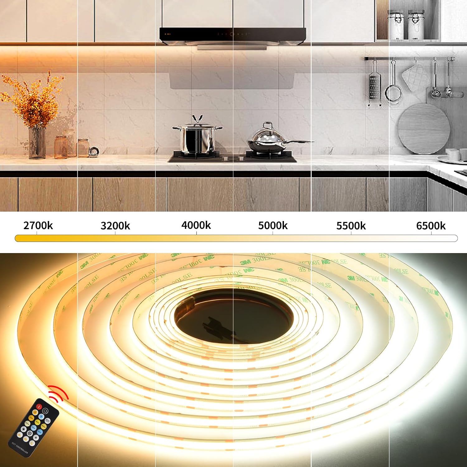 Thumbnail 1 de SIRYYUI CCT COB LED Strip Lights 10m: Dimmable 2700K–6500K, 24V Tunable White with RF Remote