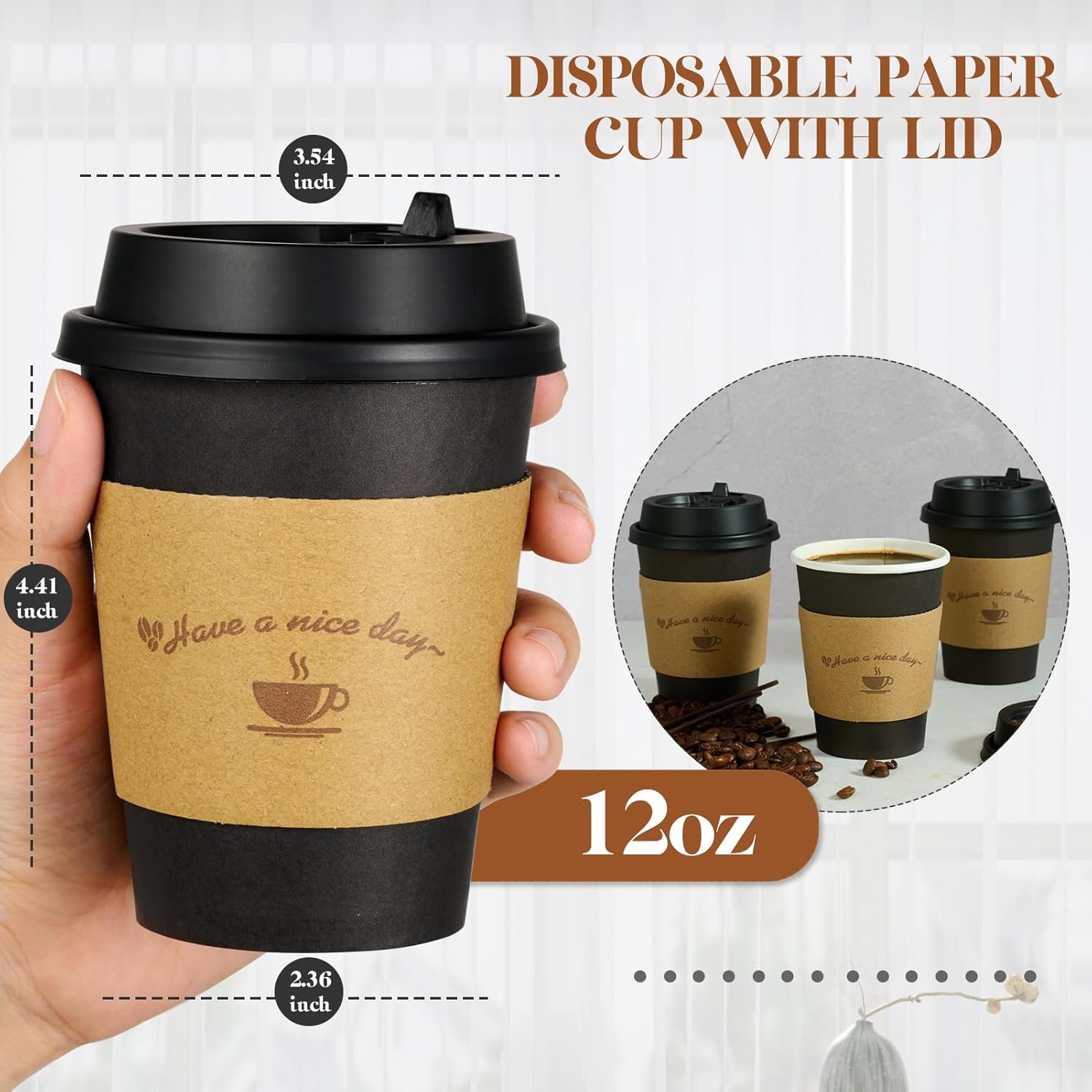 Thumbnail 1 de LITOPAK 100 Pack 12 oz Paper Coffee Cups with Lids, Sleeves, and Stirrers (Black)