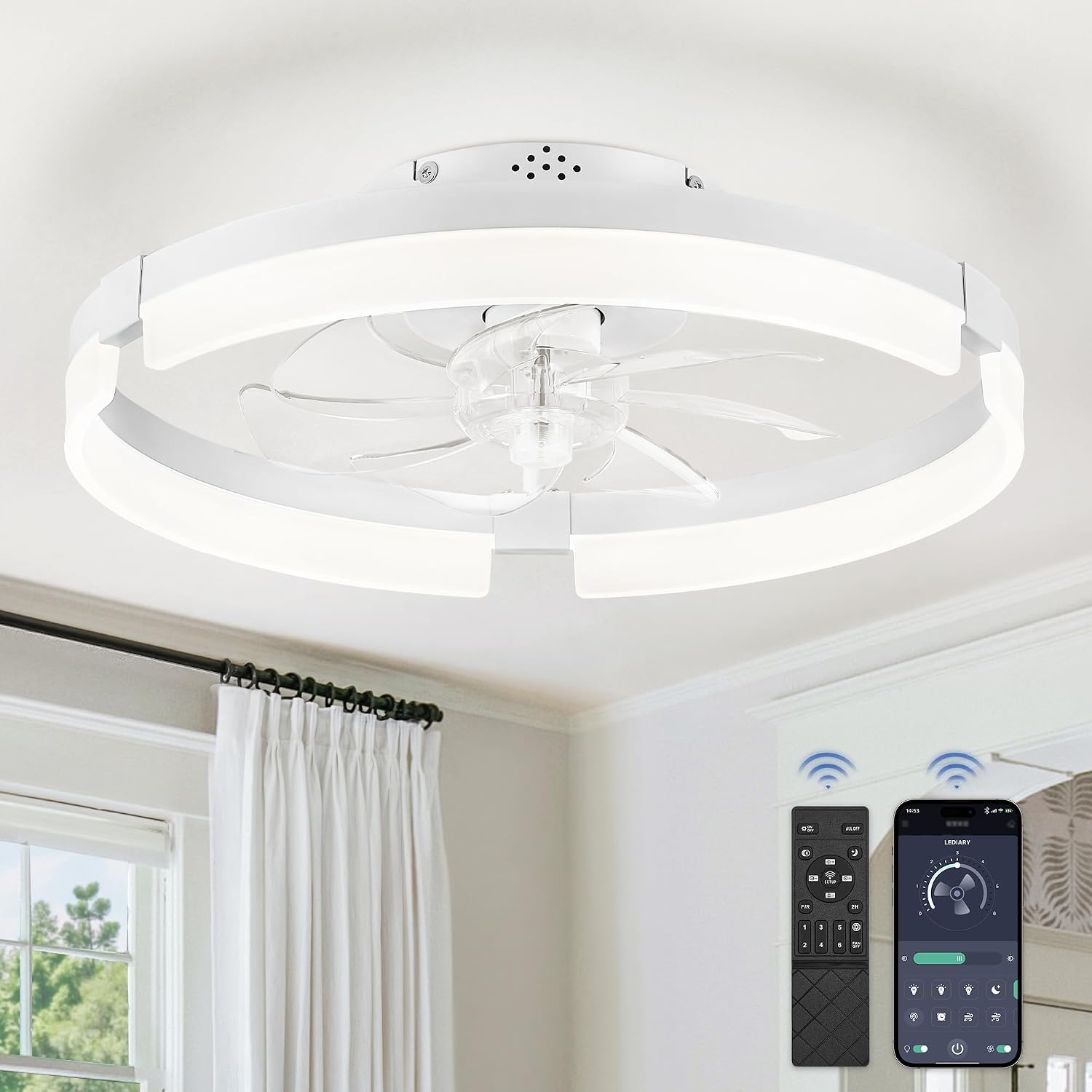 Detalle de LEDIARY ceiling fan with light, 19.7-inch