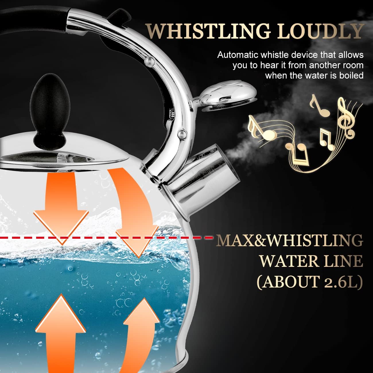 Detalle 2 de SUSTEAS Stove Top Whistling Tea Kettle — 2.64 Qt, Food Grade Stainless Steel with Cool-Touch Handle