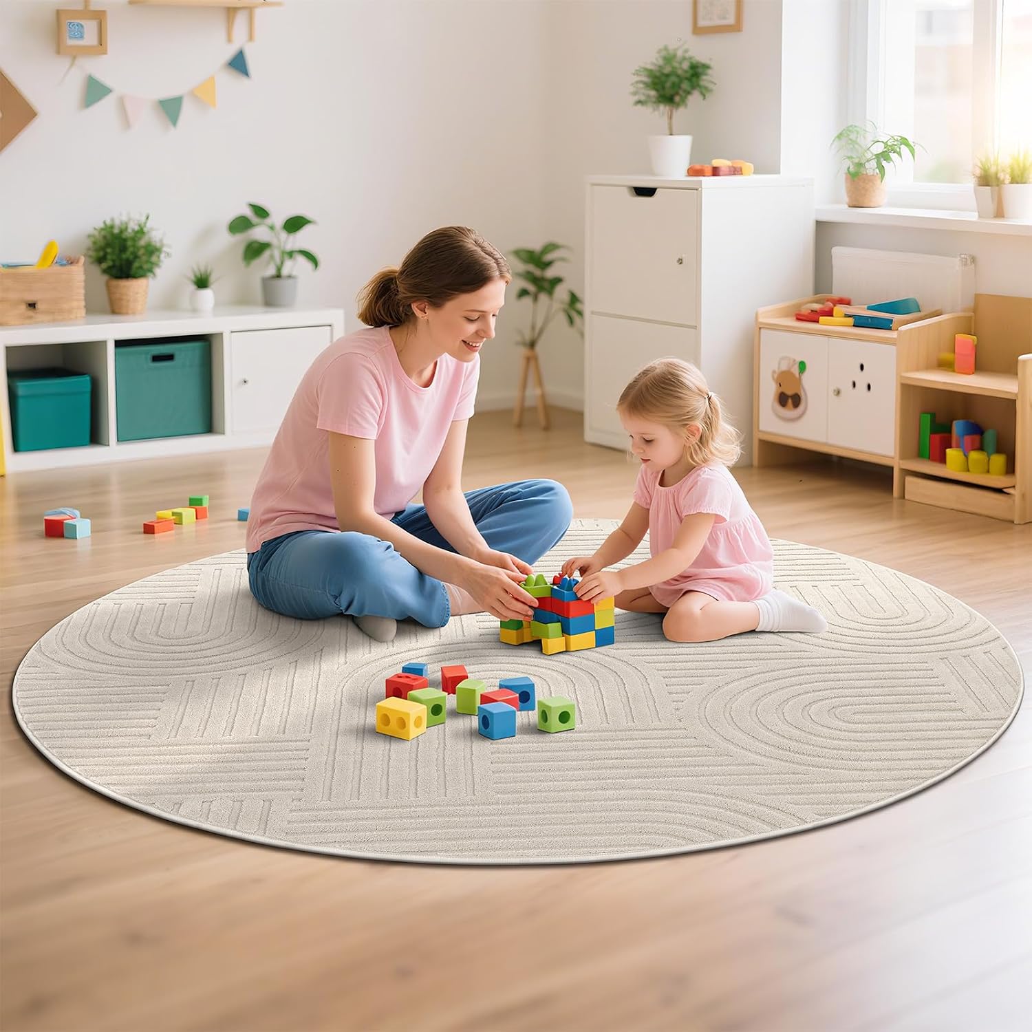 Thumbnail 6 de Enyhom runder Teppich für Wohnzimmer & Küche (200 cm) – waschbar, rutschfest, Kurzflor in Beige