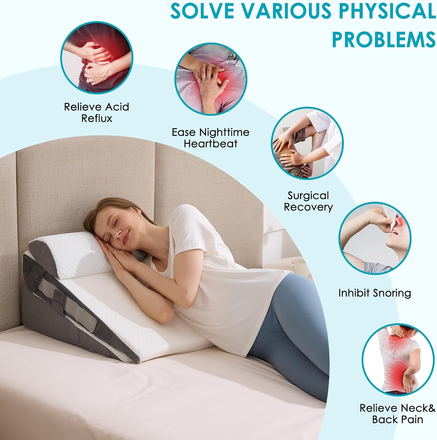 Detalle 2 de WGAKCED WA2212-KQC-BS Adjustable Wedge Pillow Set, 3-Piece Memory Foam
