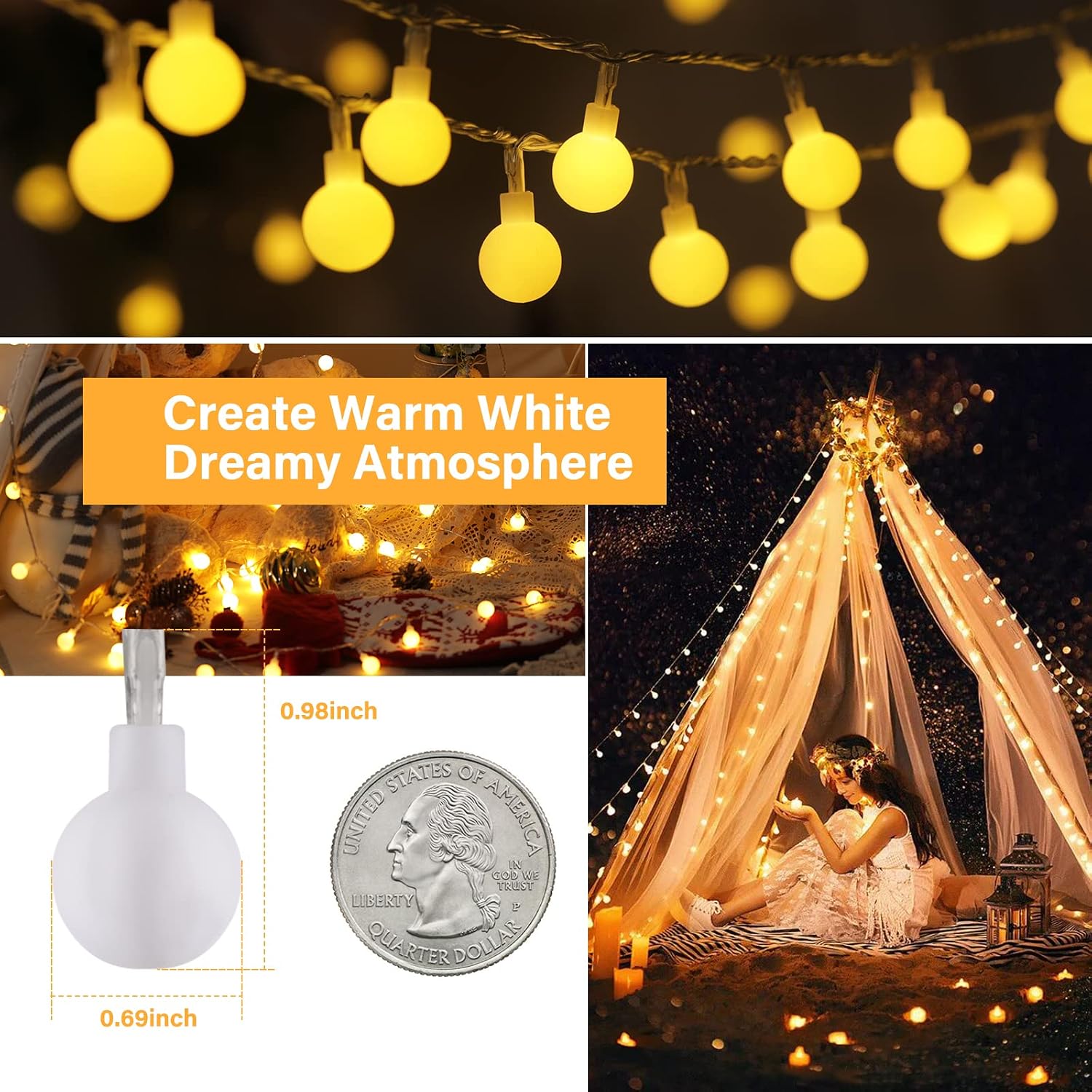 Thumbnail 6 de Minetom 100-Remote 33 ft LED Globe String Lights, Warm White with Remote
