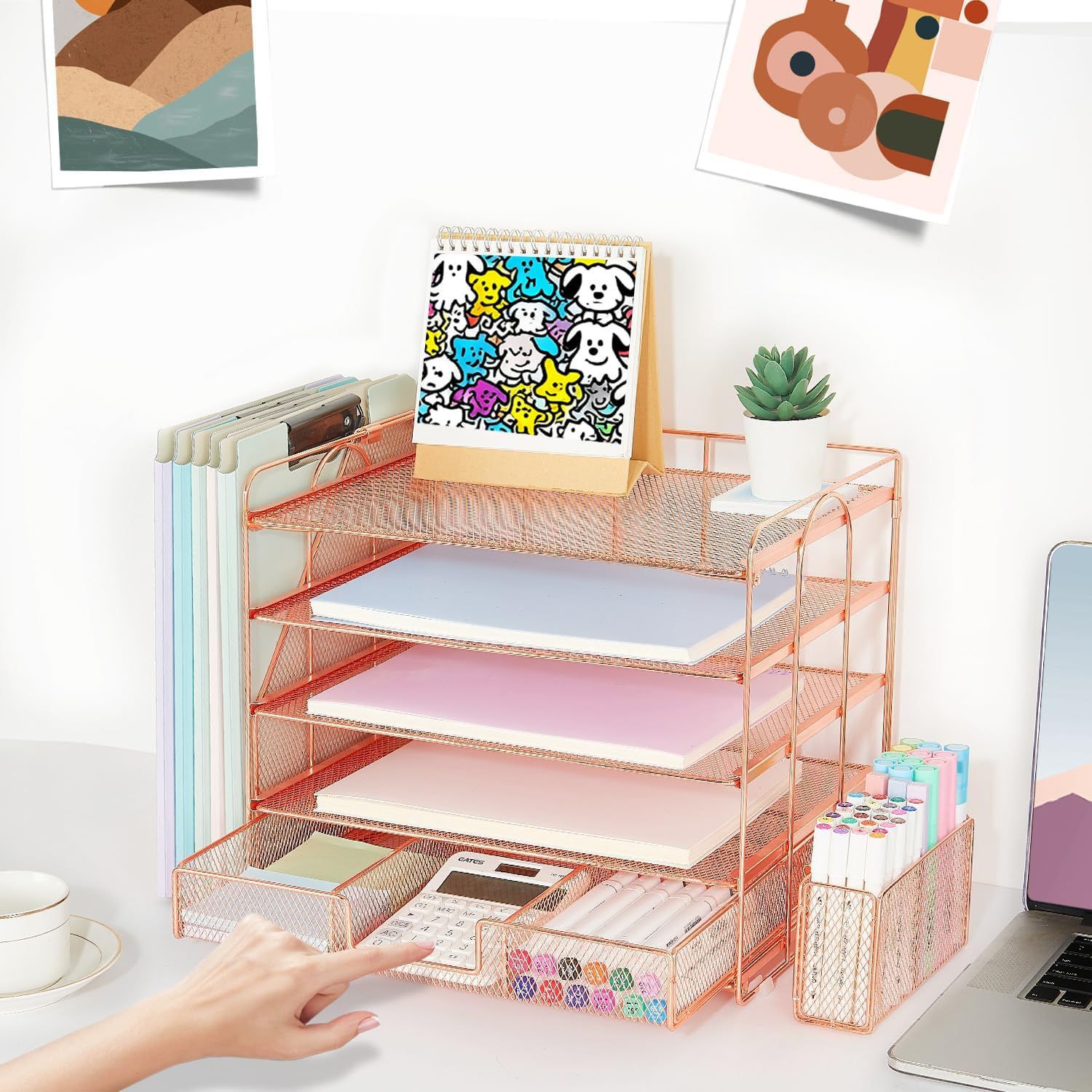 Detalle 2 de Gugsey 5 Tier Desk Organizer, Rose Gold Metal File Holder with Drawer