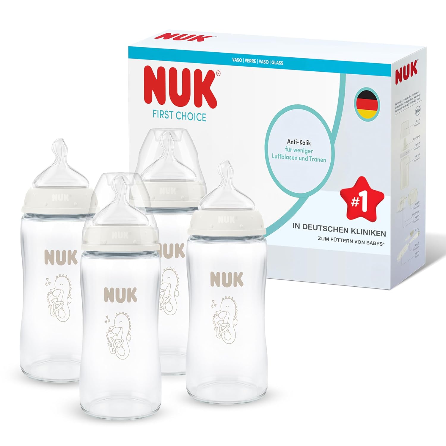 Detalle de NUK First Choice Babyflaschen 240 ml – Anti-Kolik, 4 Stück, 3+ Monate, Temperaturanzeige, Seepferdchen | Herstellung in Deutschland