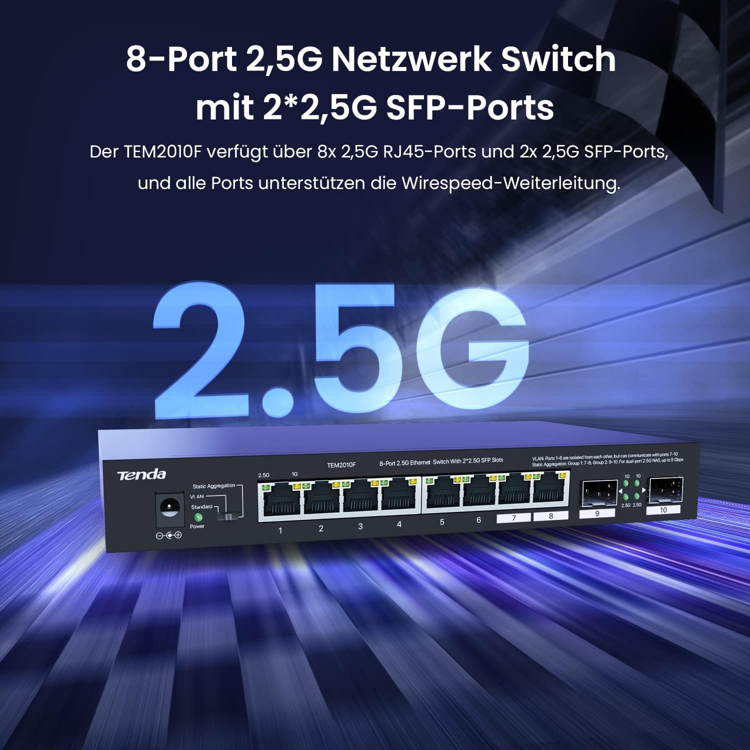 Detalle 2 de Tenda TEM2010F: 8-Port 2,5 Gbit Unmanaged Switch mit 2 SFP-Ports – VLAN, Statische Aggregation, Plug & Play