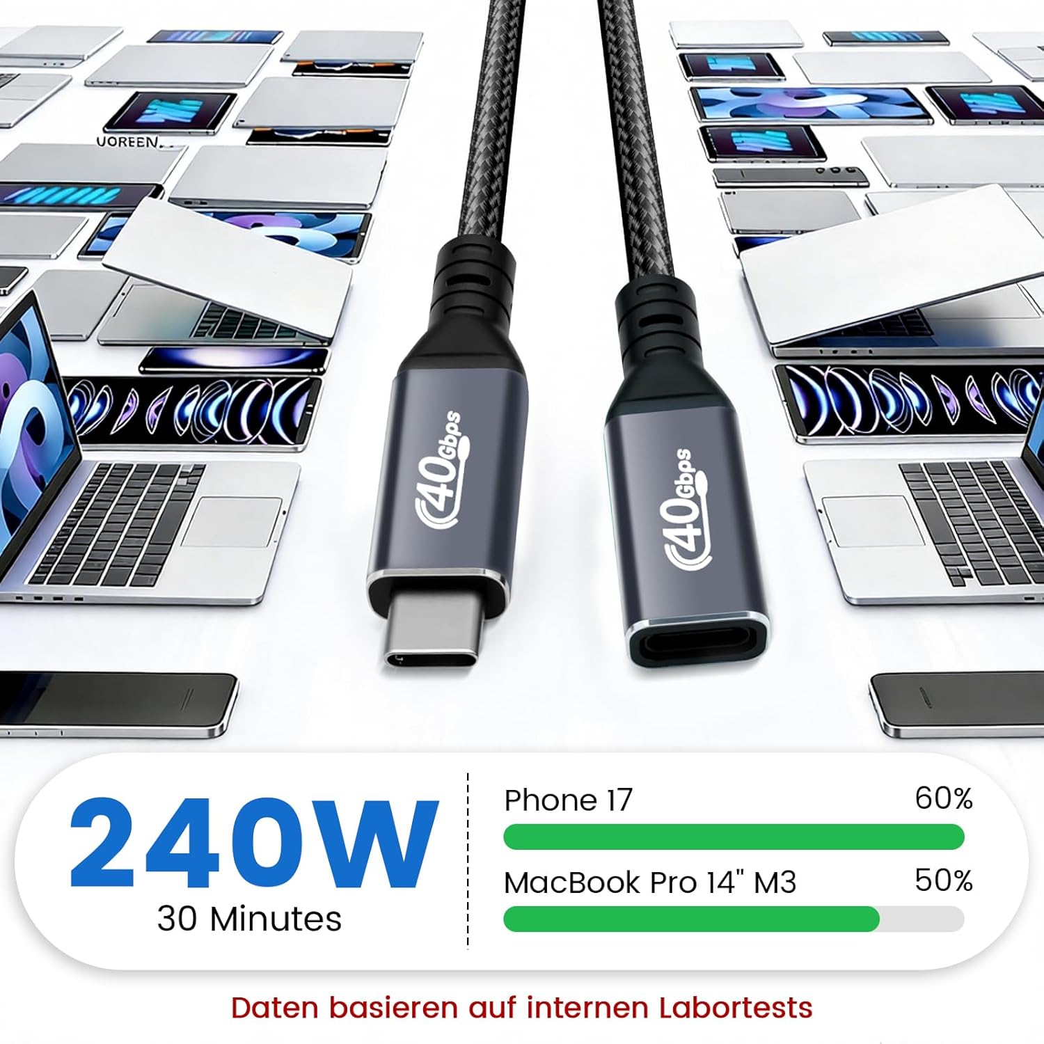 Detalle de Puiseno USB-C Verlängerung 1m: Thunderbolt 4, 40 Gbit/s, 8K@60Hz, PD3.1 bis 240W
