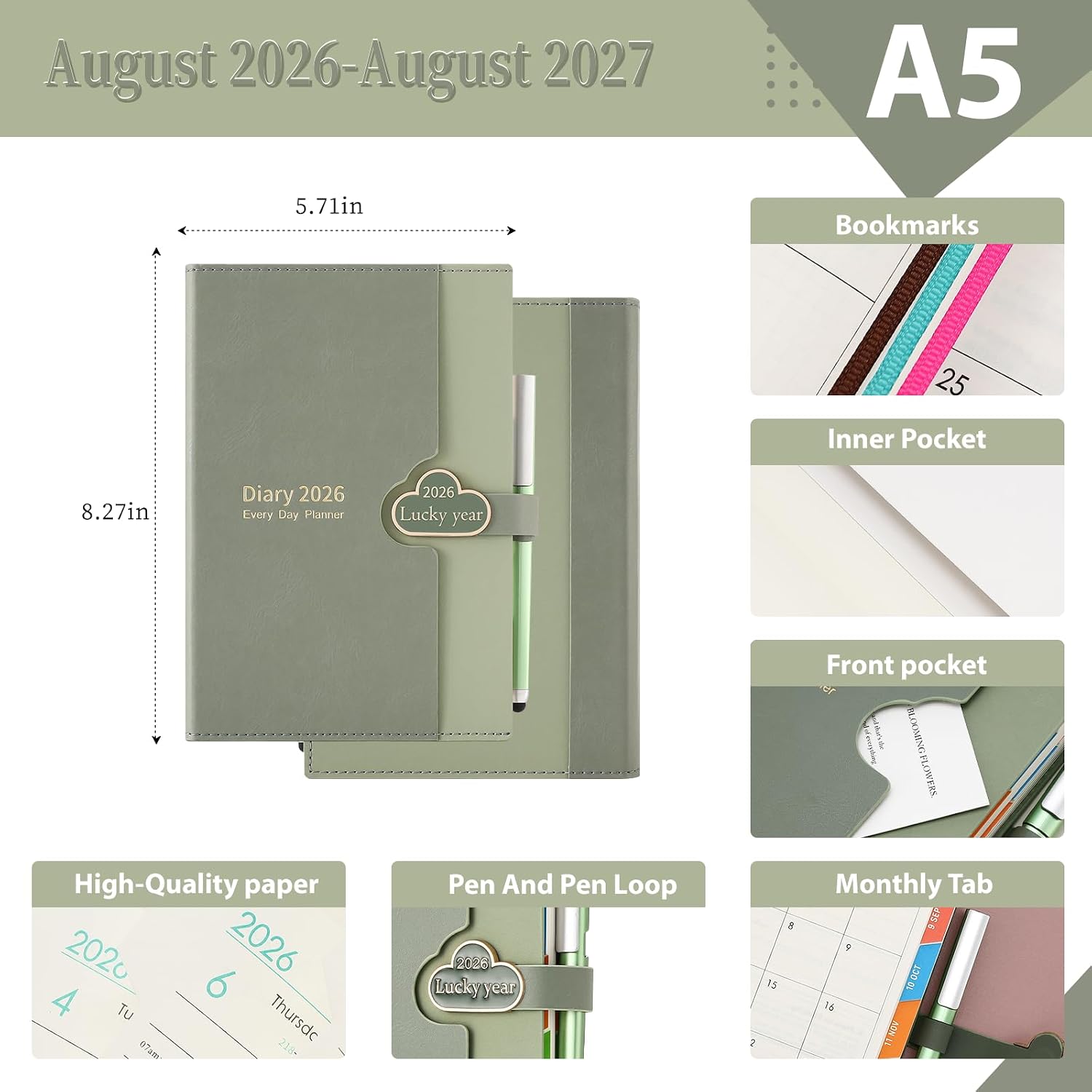 Detalle de Mcdsuc Academic Diary 2026-2027: Day-Per-Page Daily Planner with Colour Monthly Tabs (Green, Hardcover)