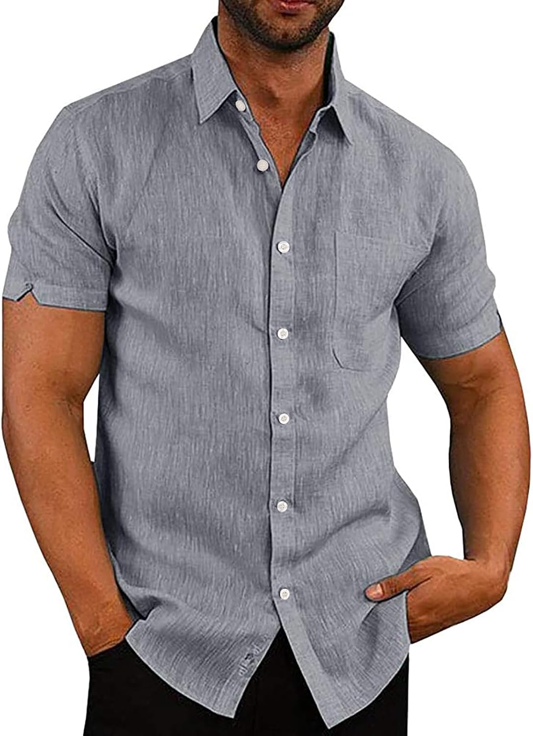 Detalle de Rodawu Mens Linen Cotton Short‑Sleeved Shirt Casual ⛱
