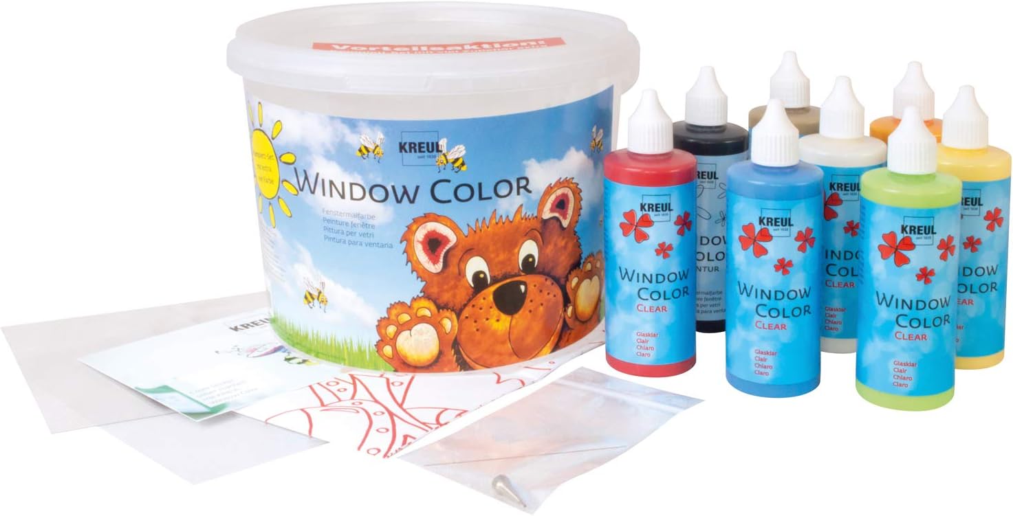 Detalle de KREUL 40151 Window Color Power Pack Ours – peintures pour fenêtres brillantes, contour noir et 2 films, 8 flacons