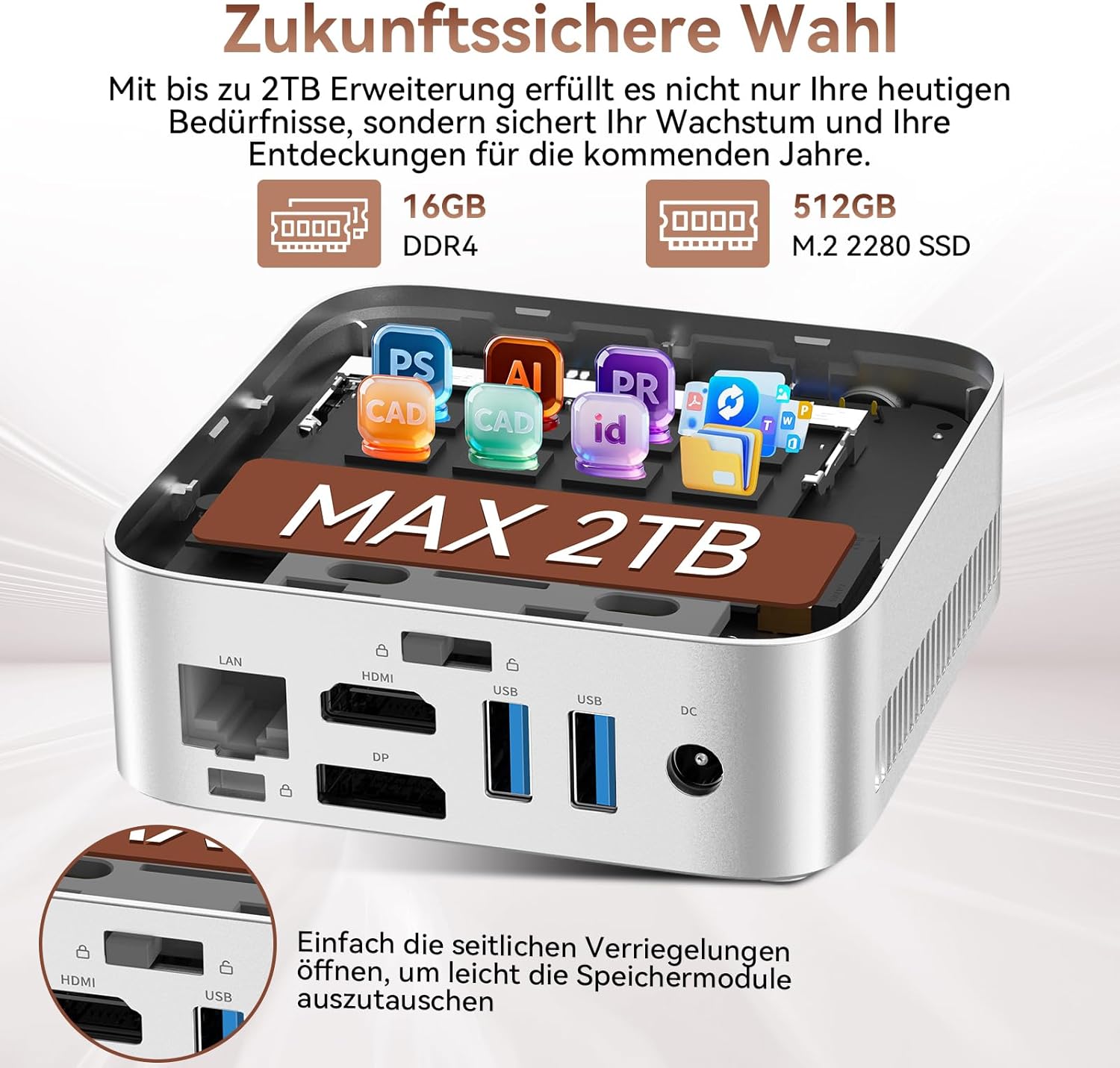 Thumbnail 3 de Huidun H80 Mini PC mit AMD Ryzen 5, 16 GB RAM, 512 GB SSD und 4K@60Hz – für Büro, Schule & Heimkino