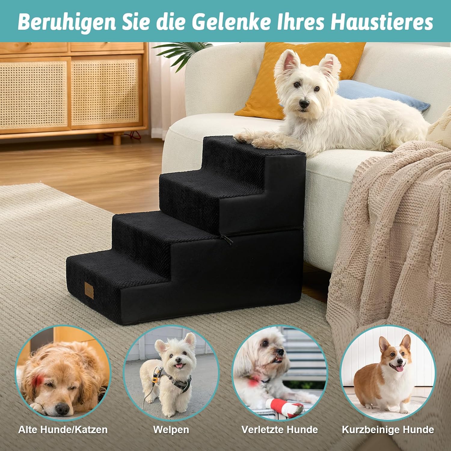 Detalle de Hundetreppe 4 Stufen 45 cm Hoch – 2-in-1 Rampe für Hunde & Katzen, faltbar, 40x60x45 cm, Schwarz