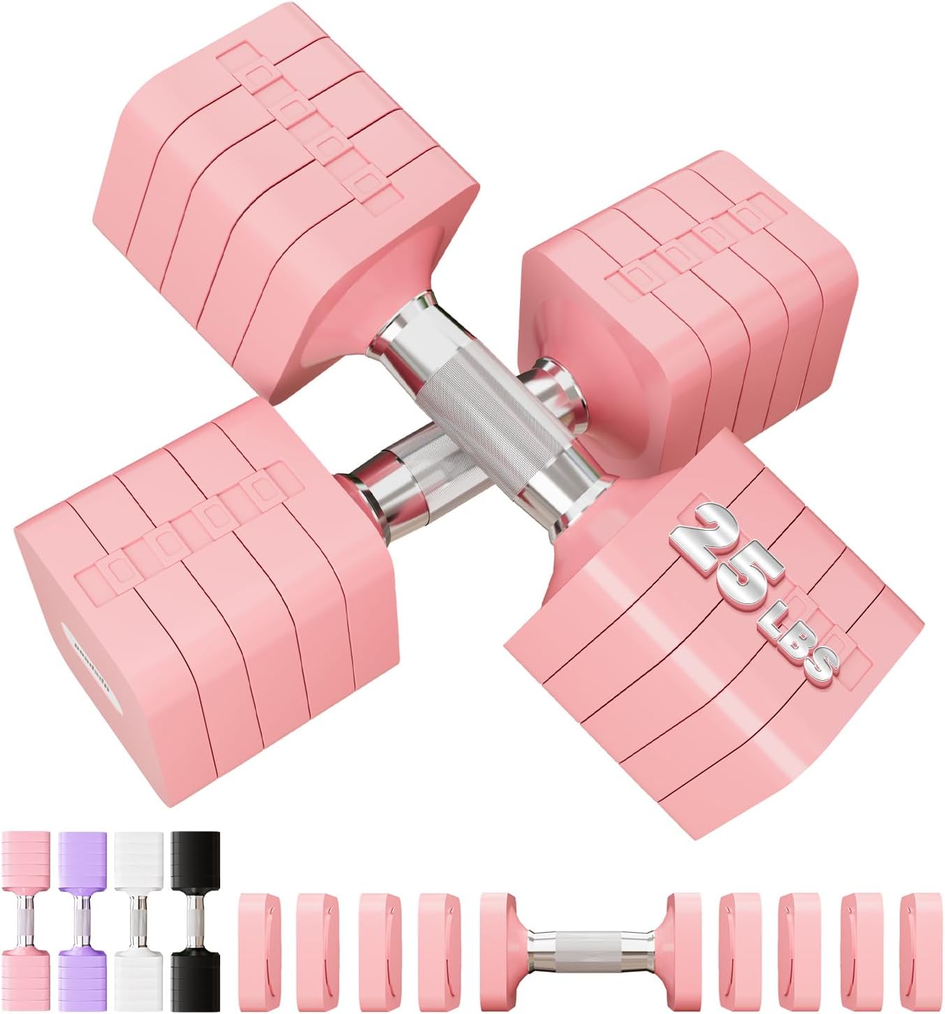 Detalle de 15–50 lb Adjustable Dumbbell Set (Pair) — Square, Twist-to-Adjust Free Weights for Home Gym