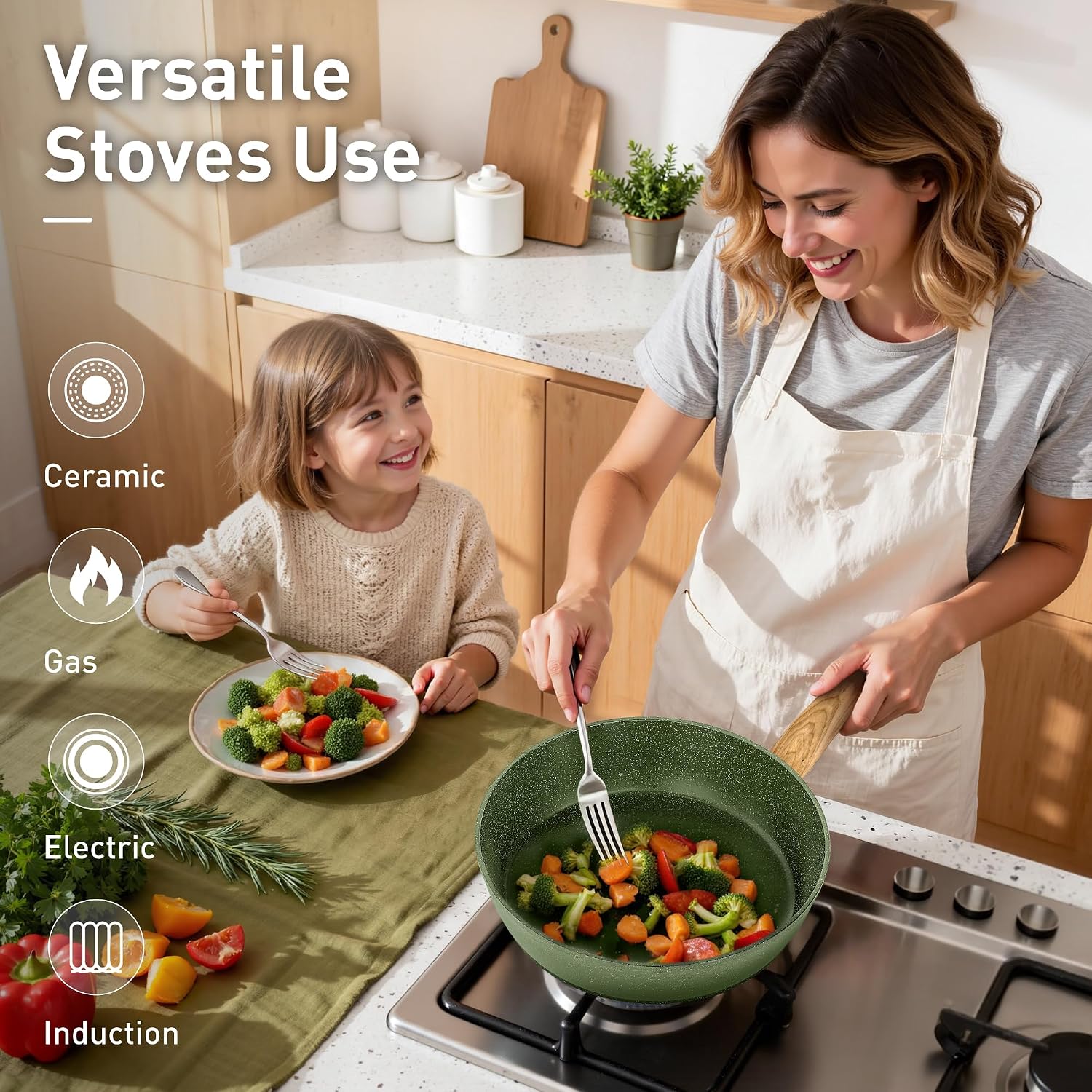 Detalle de DishDelight Induction Pots and Pans Set (Nonstick Granite, 12-Piece) in Green