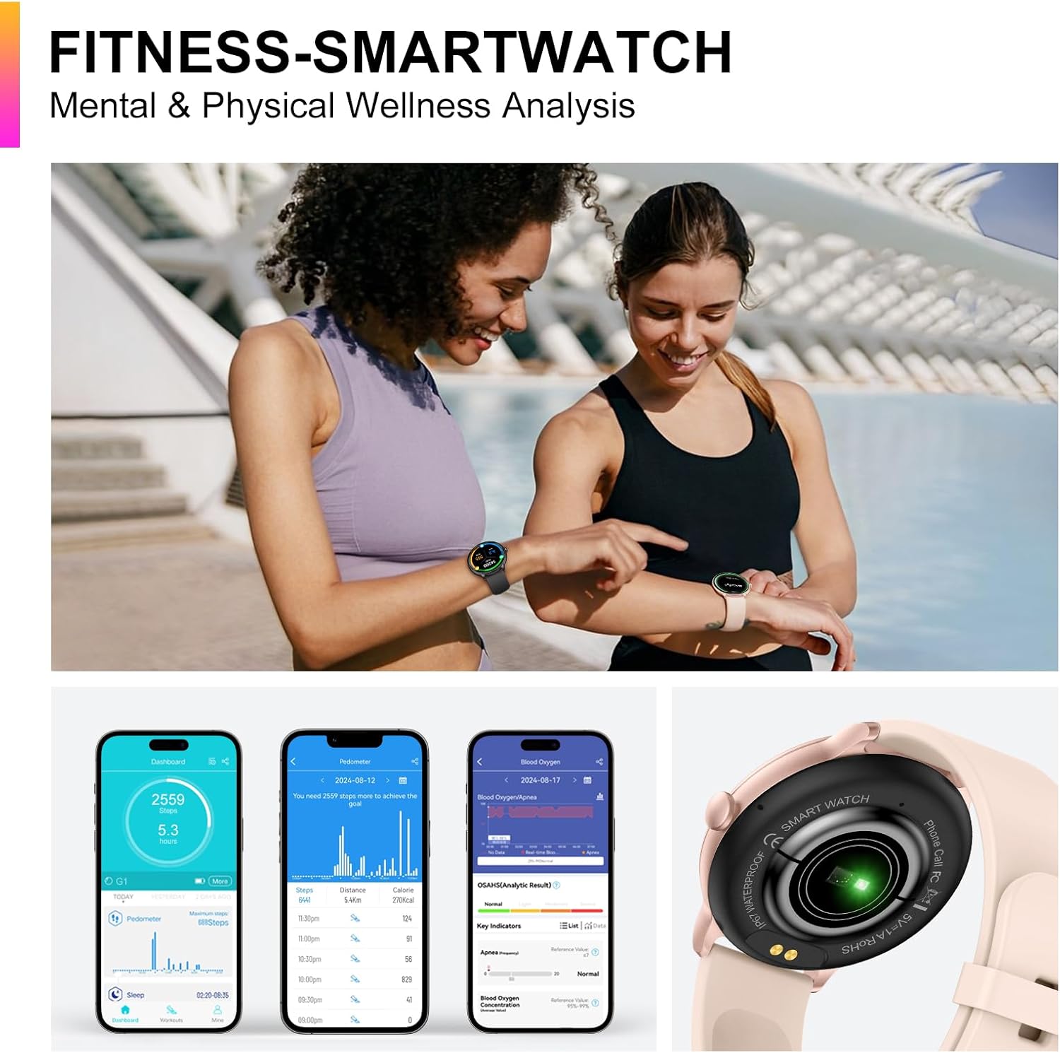 Detalle de AcclaFit Smart Watch 1.43” AMOLED – Pink, Bluetooth Calls, Health Tracking