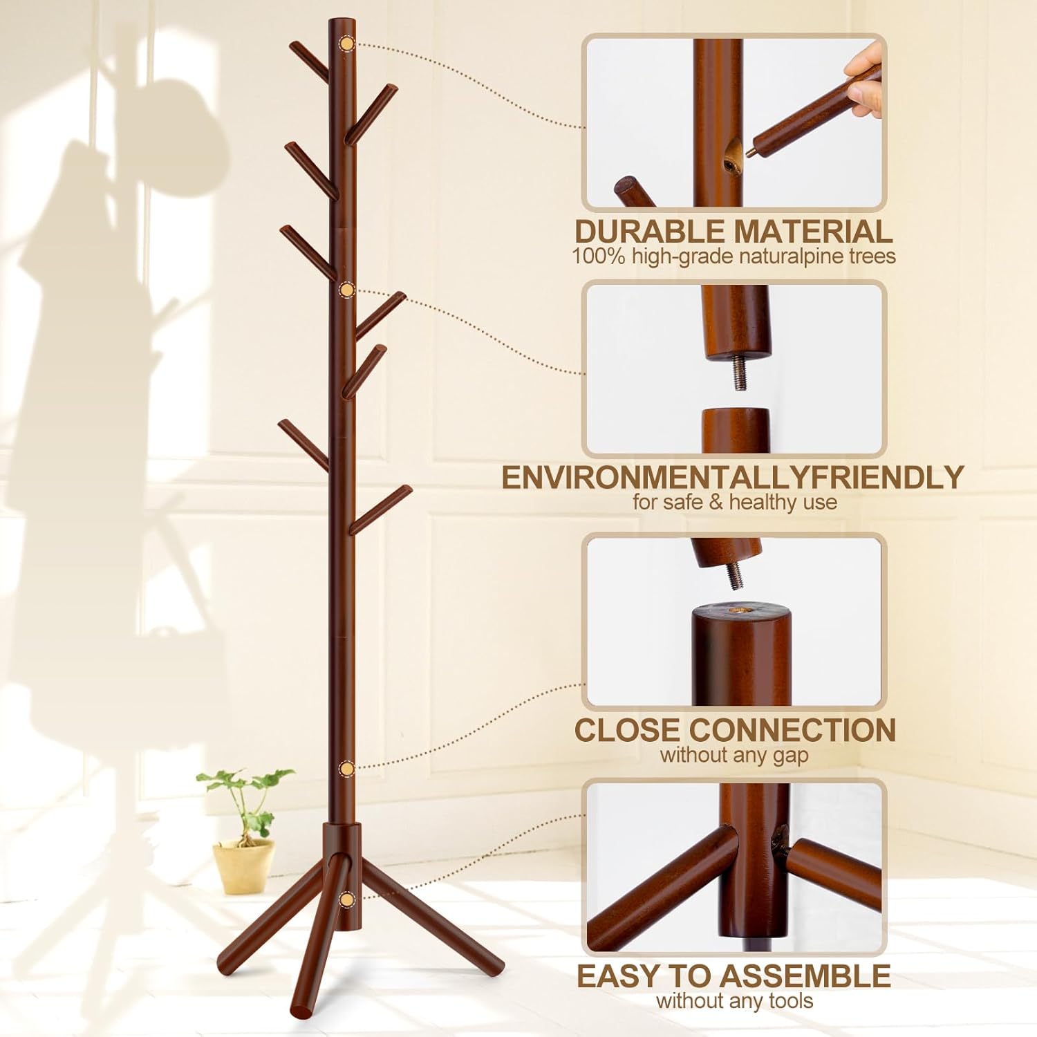 Thumbnail 1 de Freyawin Solid Wooden Freestanding Coat Rack with 8 Hooks and 3 Height Options (New Zealand Pine)