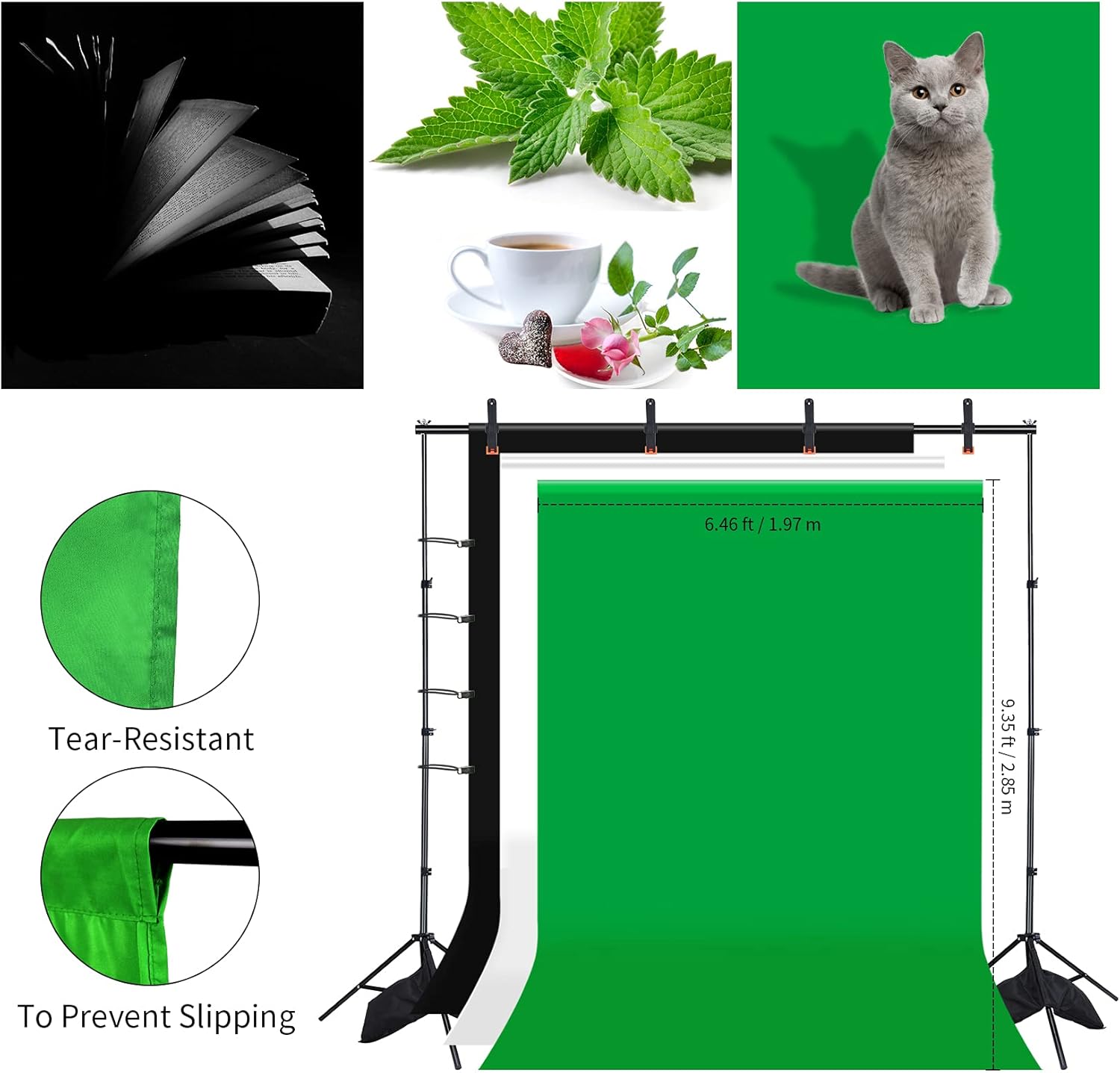 Thumbnail 4 de Vevelux 2,6x3 M Système de Support Fond Photo Kit — toile 2x3 m (Noir Blanc Vert) avec 8 pinces, 2 sacs de sable et sac de transport
