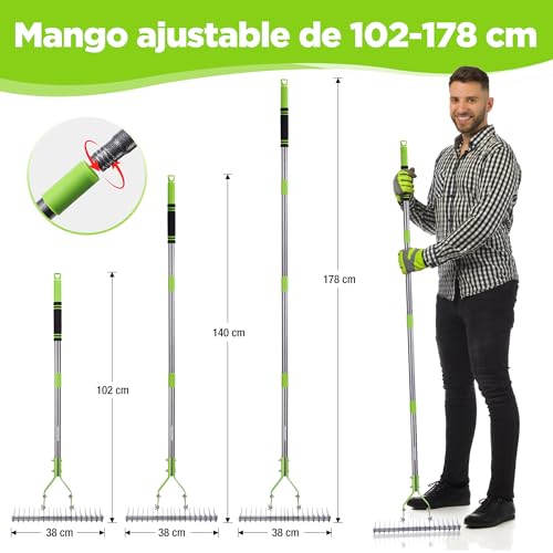 Detalle de WORKPRO Rastrillo Escarificador Césped 178 cm Heavy Duty Ajustable: escarificar con cabeza de 38 cm y mango telescópico