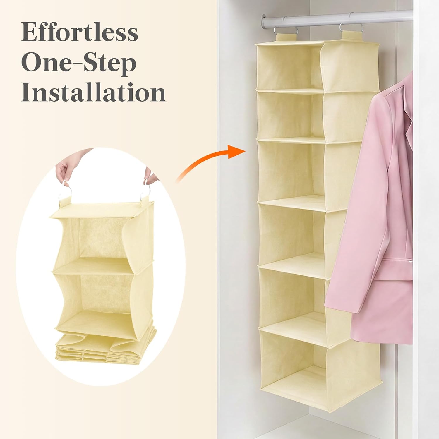 Detalle 2 de Lifewit 25081 Hanging Wardrobe Organiser, 6 Tiers, Foldable, Beige, 2 Pack