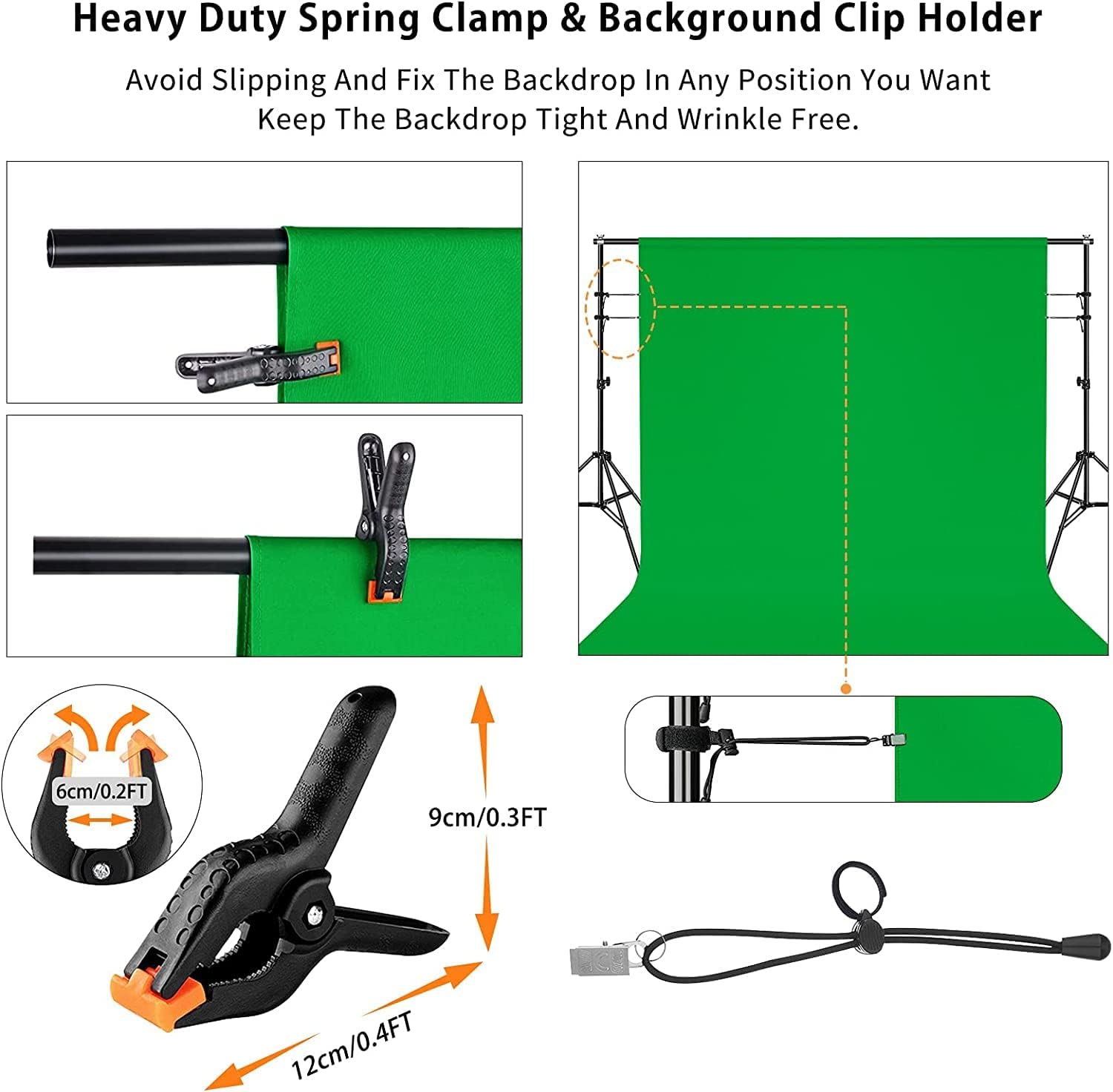 Detalle de Vevelux green screen backdrop 3 x 3.6 m (10 x 12 ft) with clamps and anti-wrinkle clips
