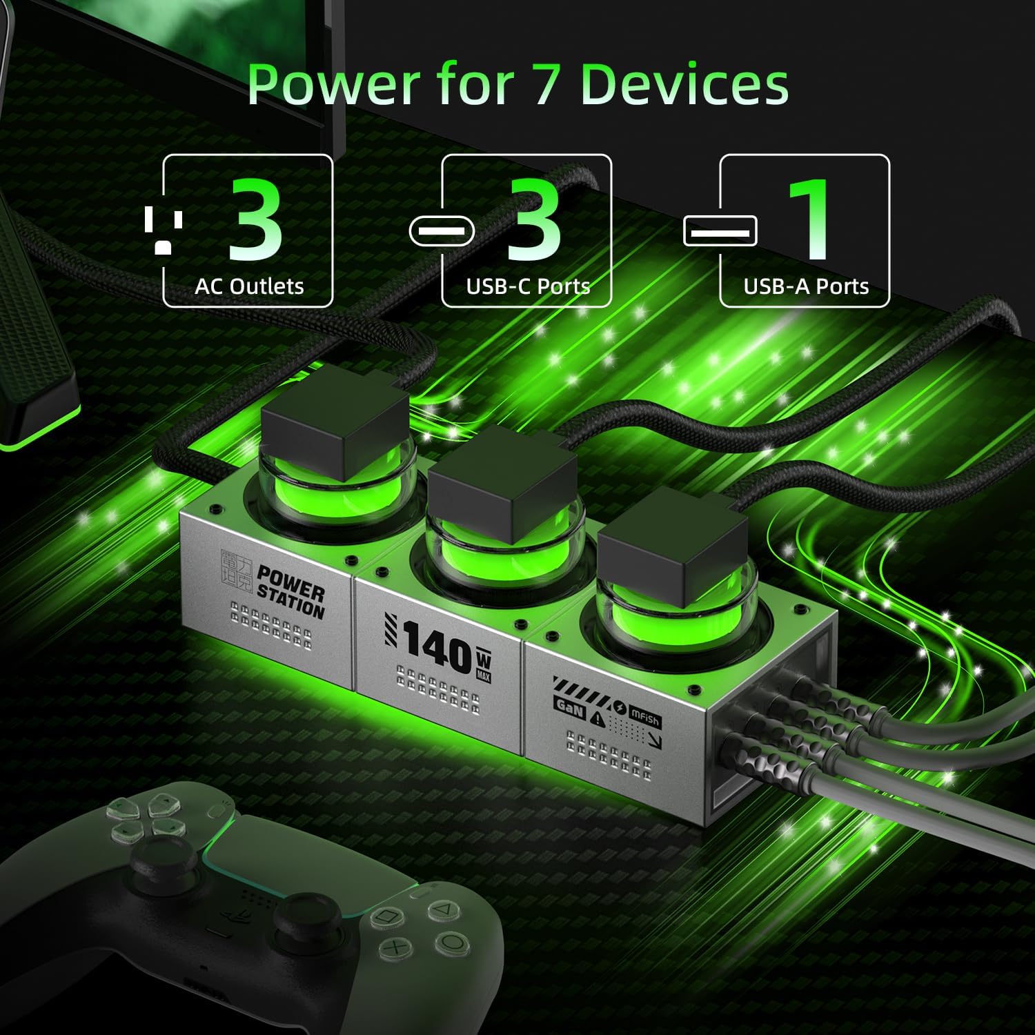 Detalle de Mfish E-Tank 140W GaN Desktop Charging Station (7-in-1) with 3 AC Outlets and 4 USB-C Ports