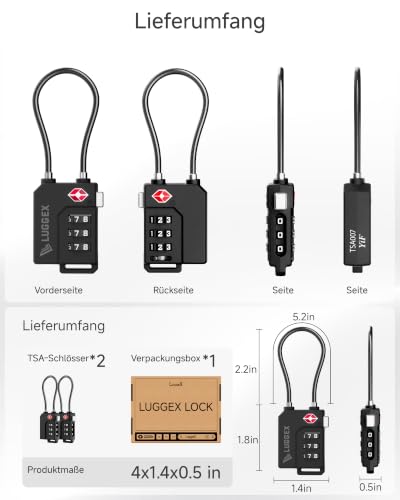 Thumbnail 10 de LUGGEX TSA Kabelkofferschloss – Kofferschloss mit Drahtseil, 2er-Set, Schwarz