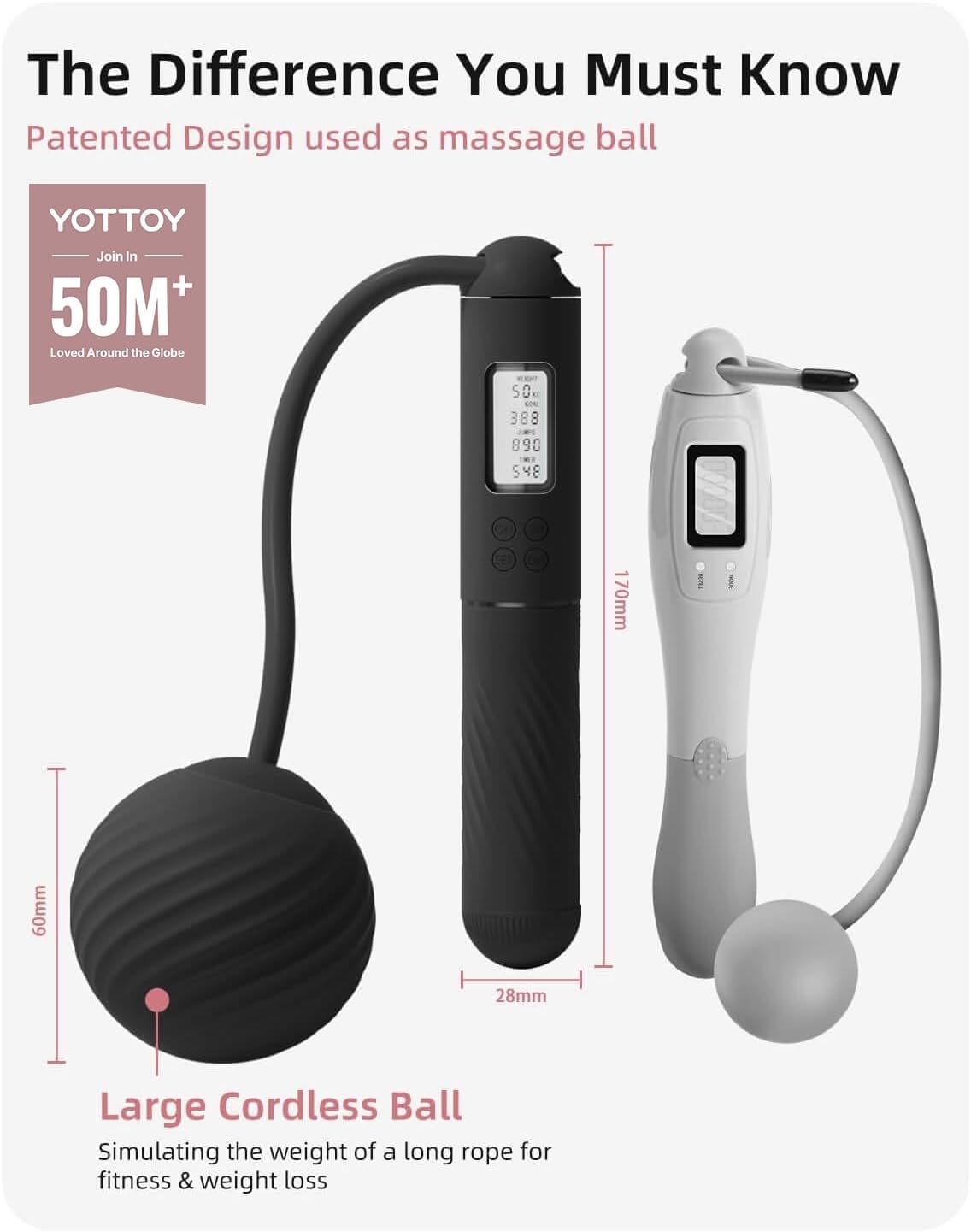 Detalle 2 de YOTTOY skipping rope for adults with LCD display – cordless counter jump rope with large ball-weight design