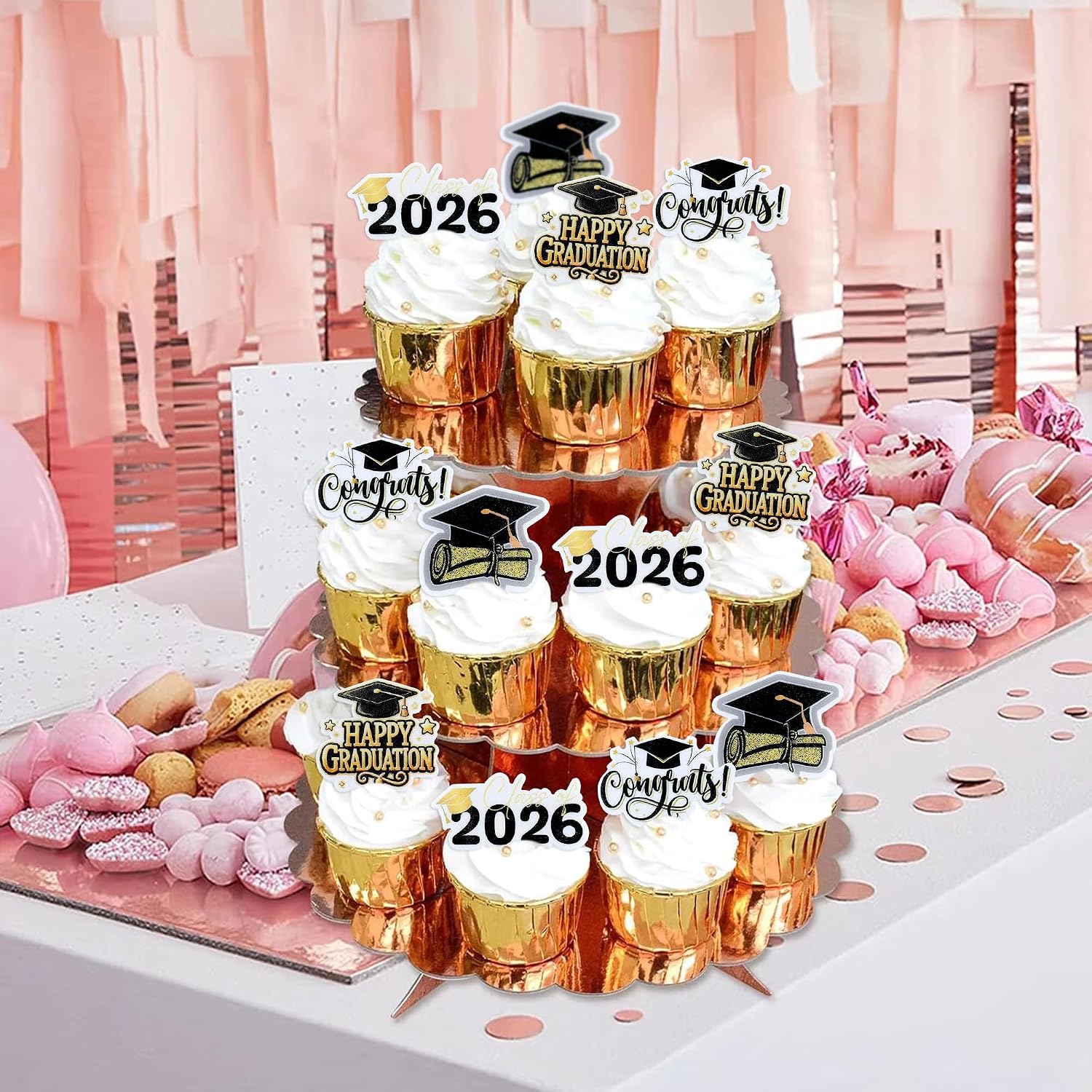 Thumbnail 4 de Ercadio 48-Count Edible Graduation Cupcake Toppers, Gold and Black, 2026