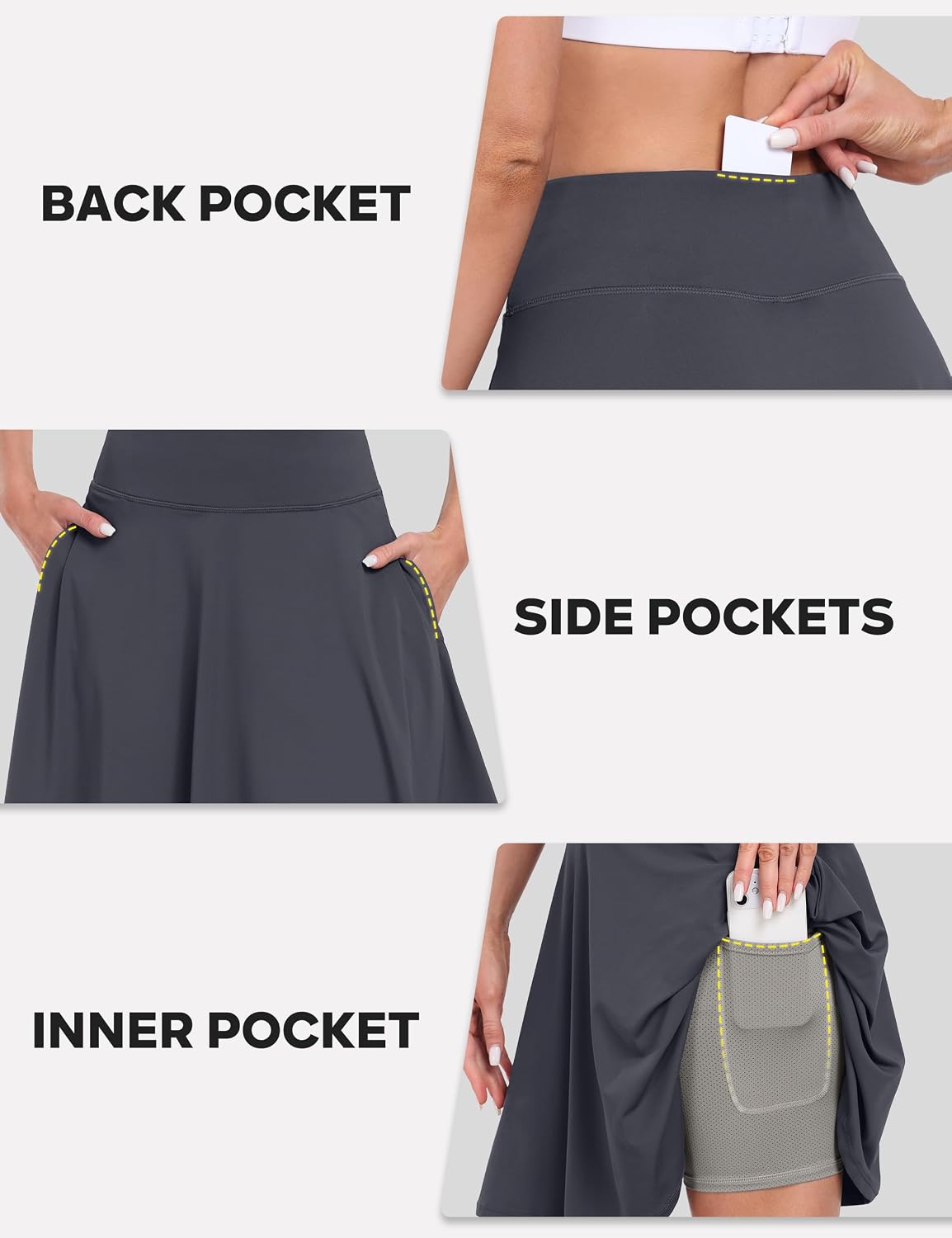 Detalle de Desol 50cm Tennisrock Damen mit Hose – knie-lang, Hohe Taille, 4 Taschen, 2-in-1 Shortsrock