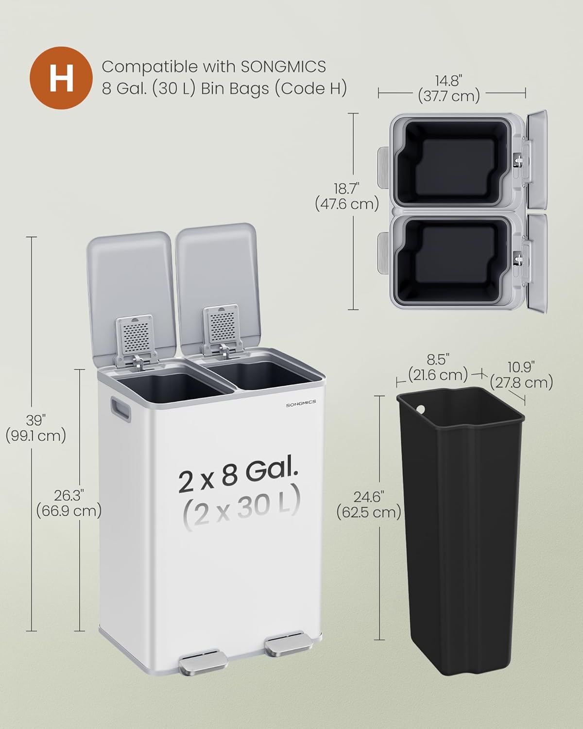 Thumbnail 5 de SONGMICS Kitchen Bin 2 x 30 L dual compartment