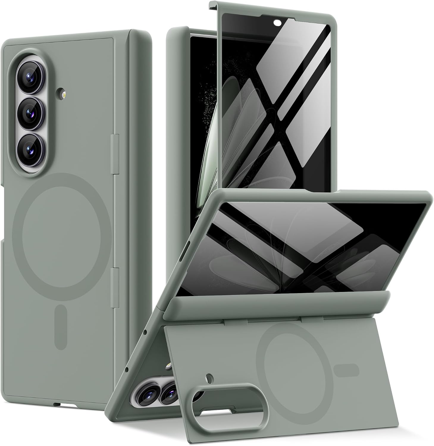 Detalle de Magnetic for Samsung Galaxy Z Fold 7 Case with Privacy Screen Protector – Liquid Silicone, Built-in Kickstand, and MagSafe Compatibility (Calke Green)