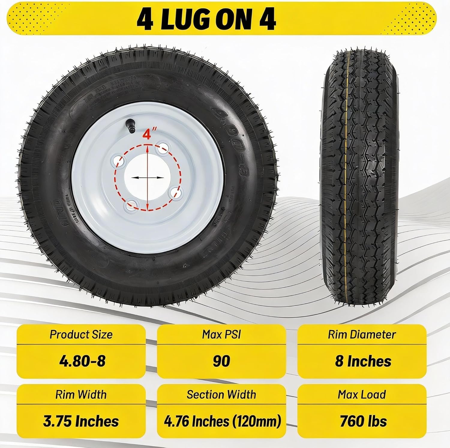 Detalle de GarveeTech 2PCS 4.80-8 Utility Trailer Tires (4 Lug) — 760 lbs max load, 90 PSI