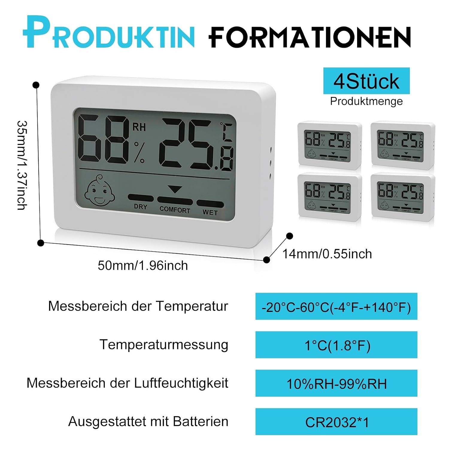 Detalle 2 de HOSPAOP FU40 digitale thermo-hygrometer, set van 4 met smiley-indicator